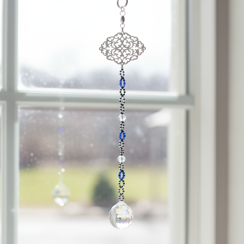 Black, Blue and Clear Crystal Woven Suncatcher with Prism