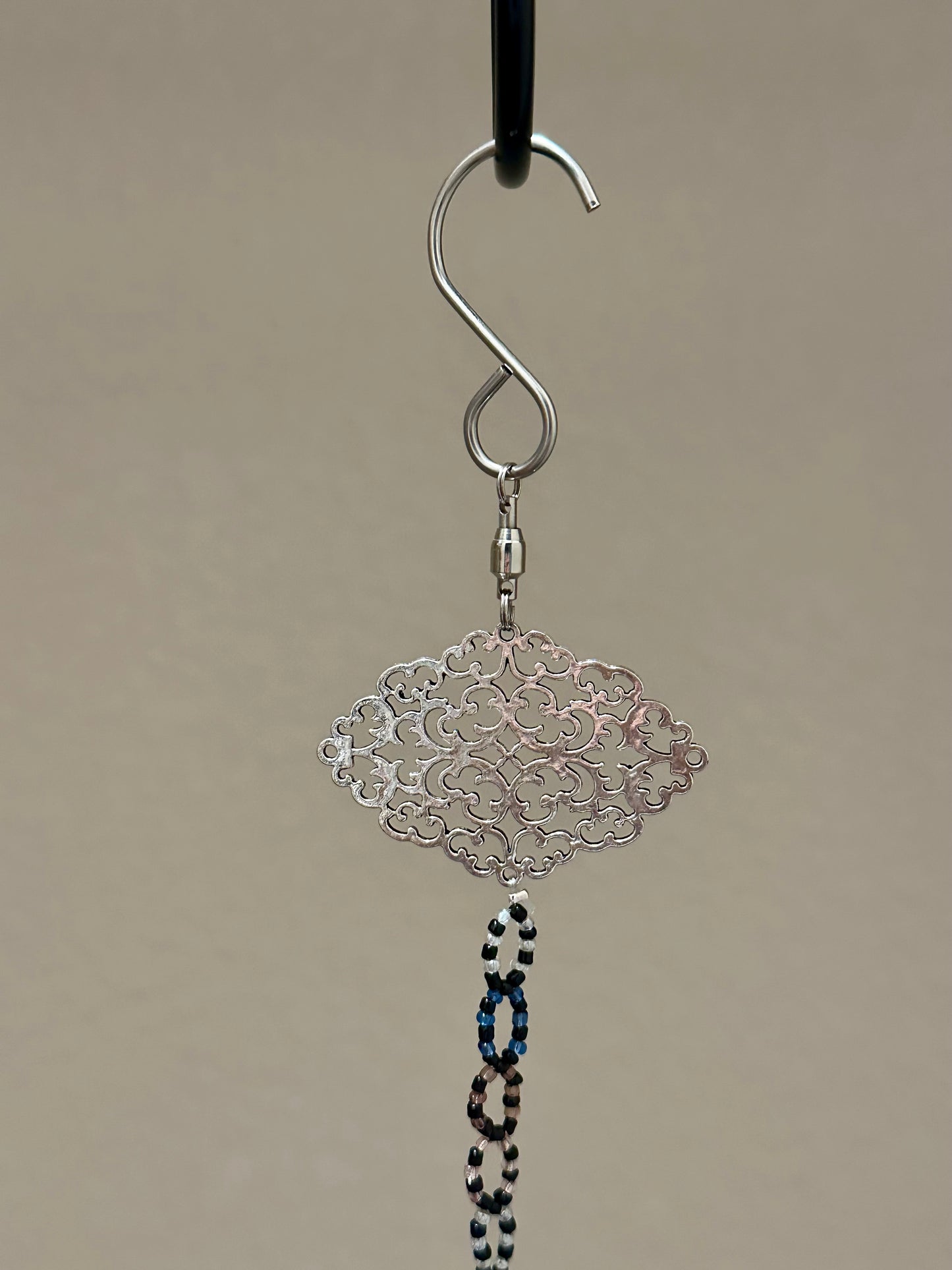 Black, Blue and Clear Glass Suncatcher with Silver Filigree Top