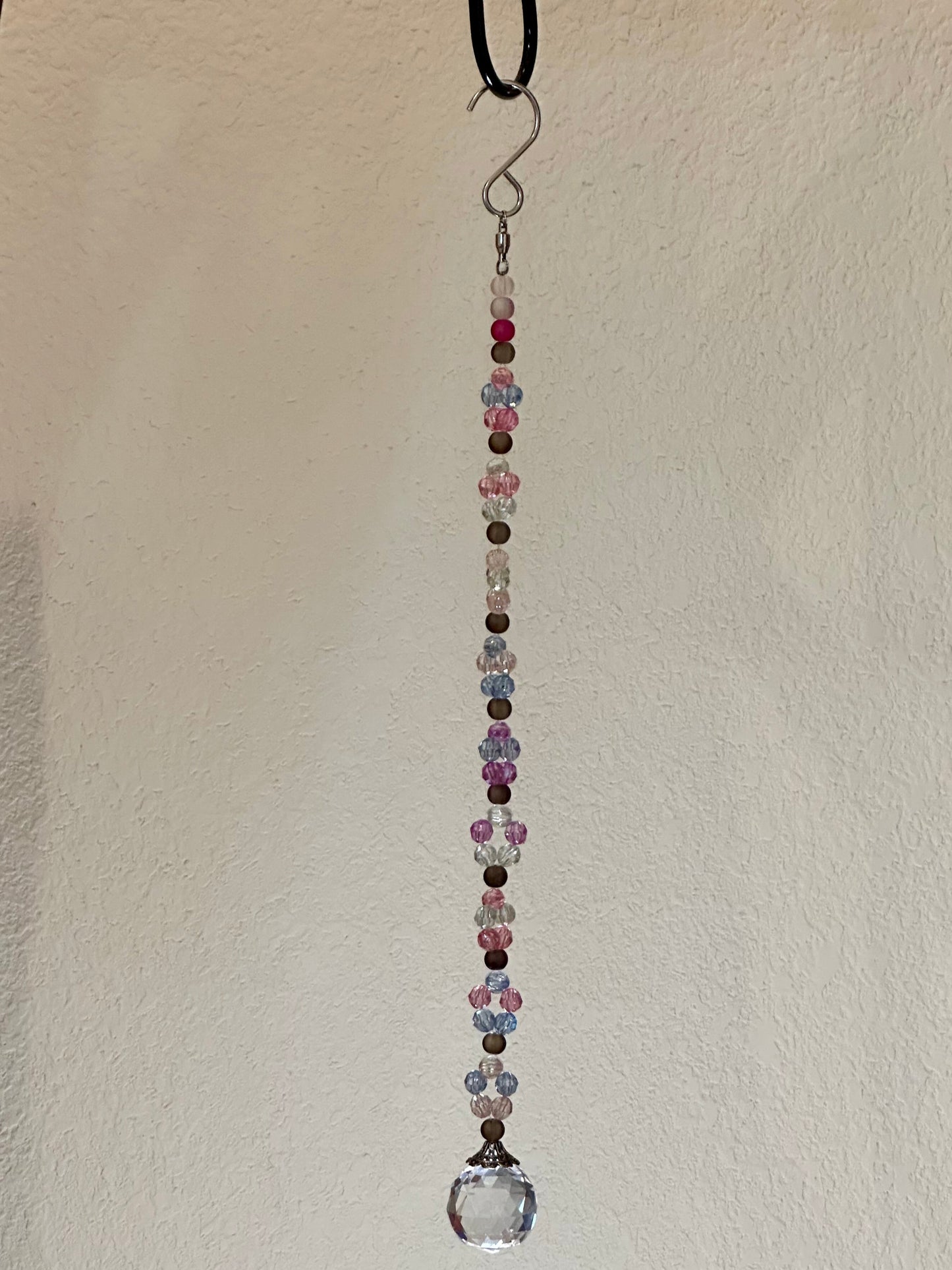 Clear, Blue, and Pink Glass Suncatcher With Cherry Quartz Accents