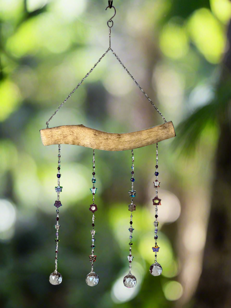 Purple and Clear Glass and Crystal Bead Suncatcher Mobile on Oak Featuring Butterflies and Flowers