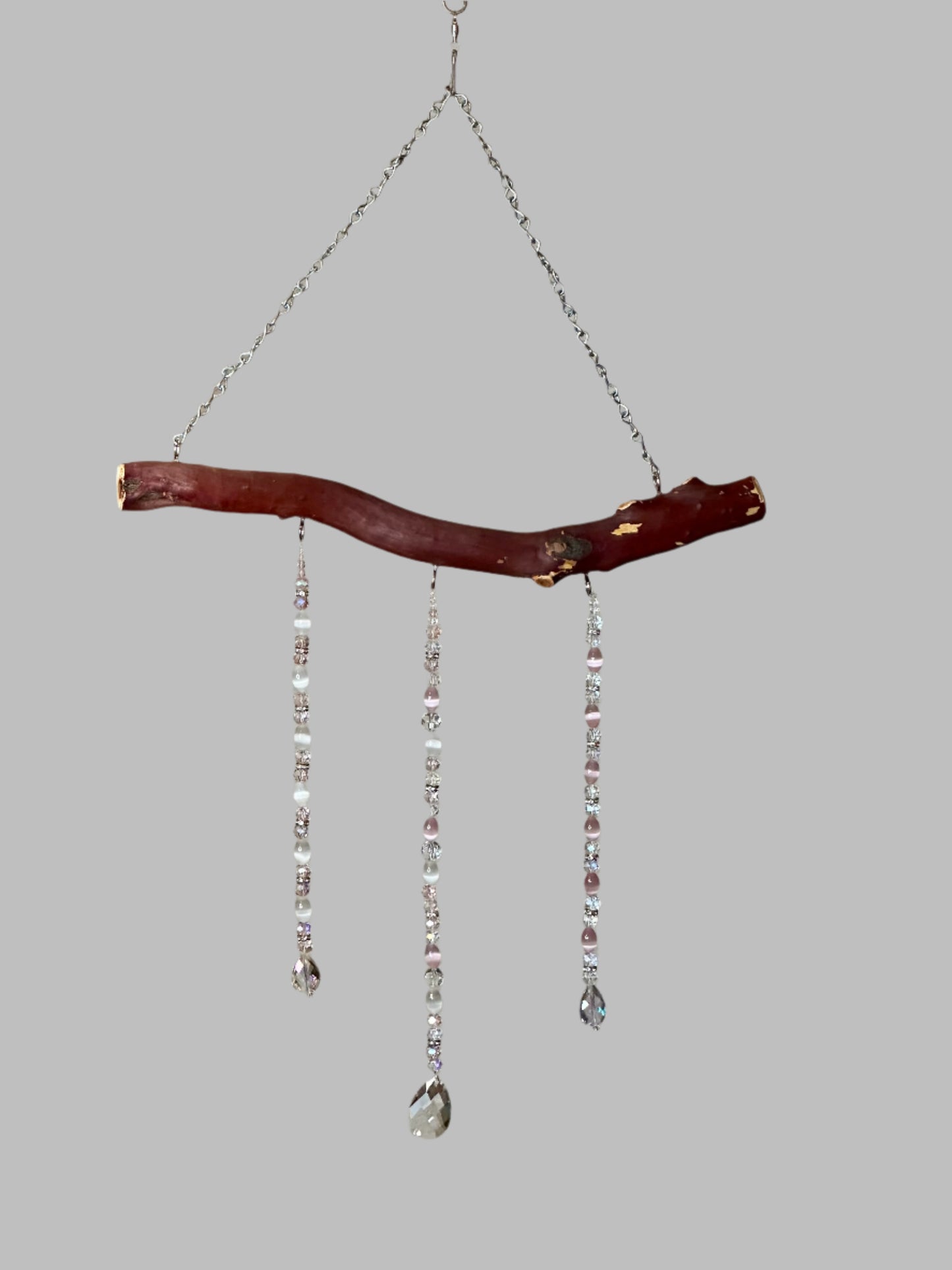 Manzanita 3 String Suncatcher Mobile With Pink Cat's Eye, White Cat's Eye, Blue Glass Beads, and Clear & Pink Crystal Glass Beads