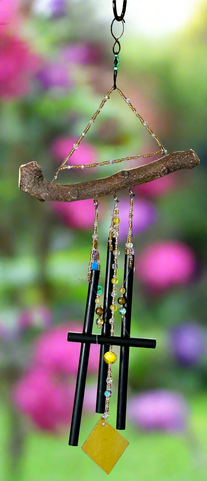 Wind Chimes With Gold Seed Beads, Clear Glass Faceted Beads and Yellow Stained Glass