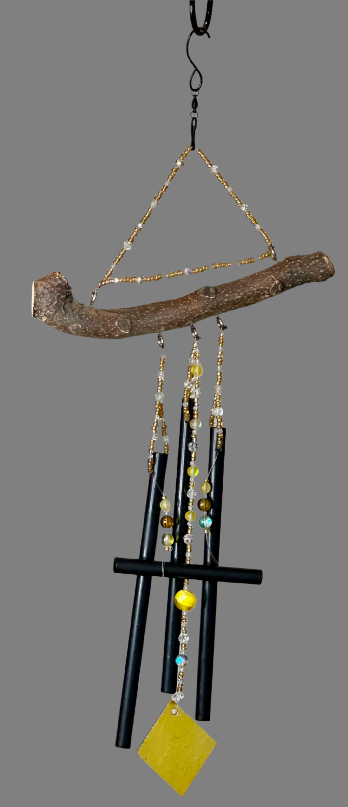 Wind Chimes With Gold Seed Beads, Clear Glass Faceted Beads and Yellow Stained Glass
