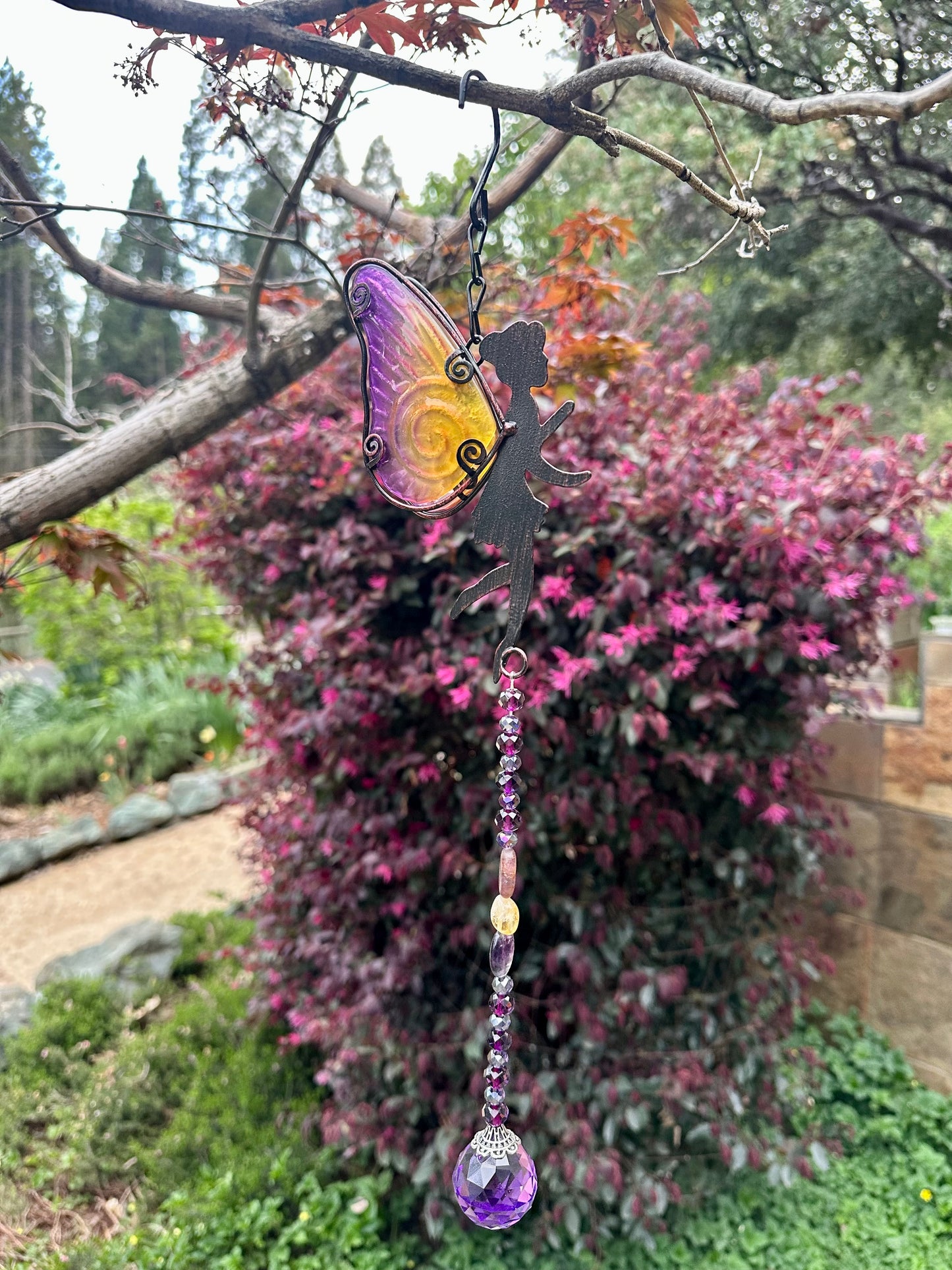 Purple and Yellow Fairy Suncatcher with Fluorite and Citrine Natural Stones