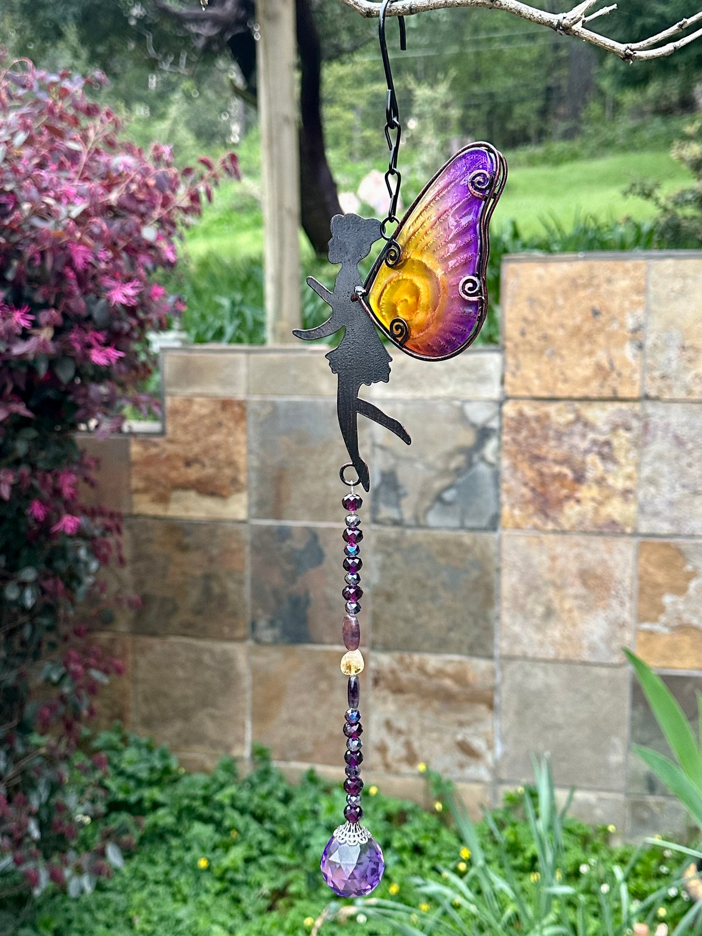 Purple and Yellow Fairy Suncatcher with Fluorite and Citrine Natural Stones