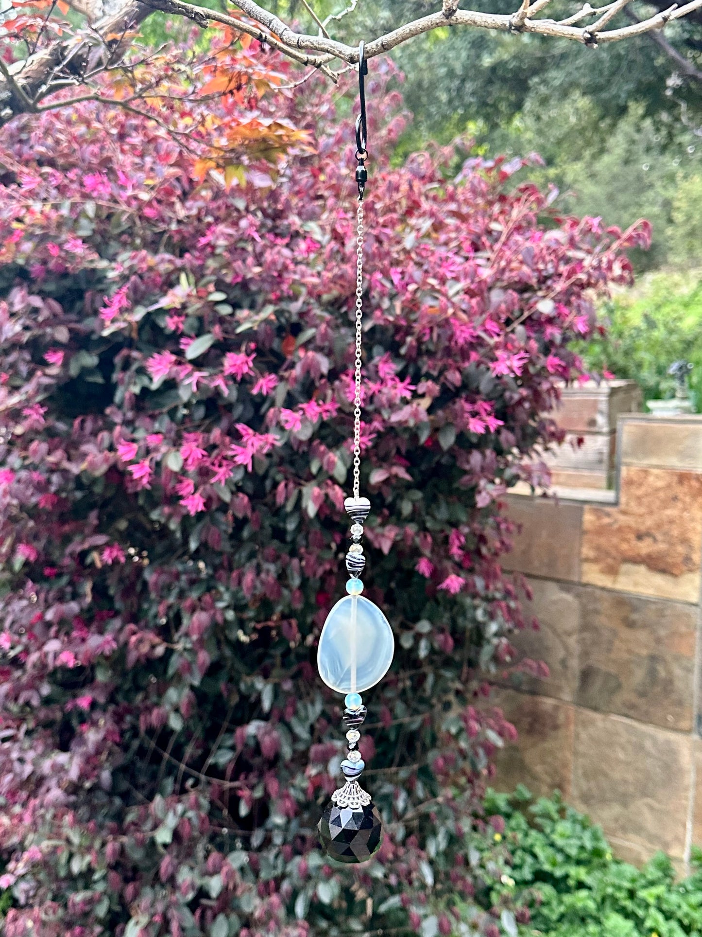 Black and White Heart & Agate Suncatcher with Black Crystal Prism
