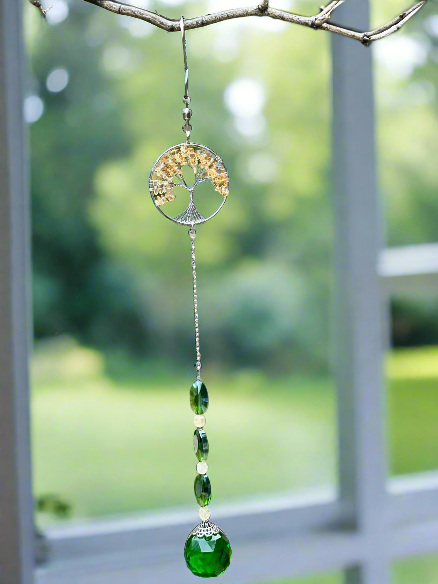 Citrine Tree of Life and Green Faceted Glass Suncatcher