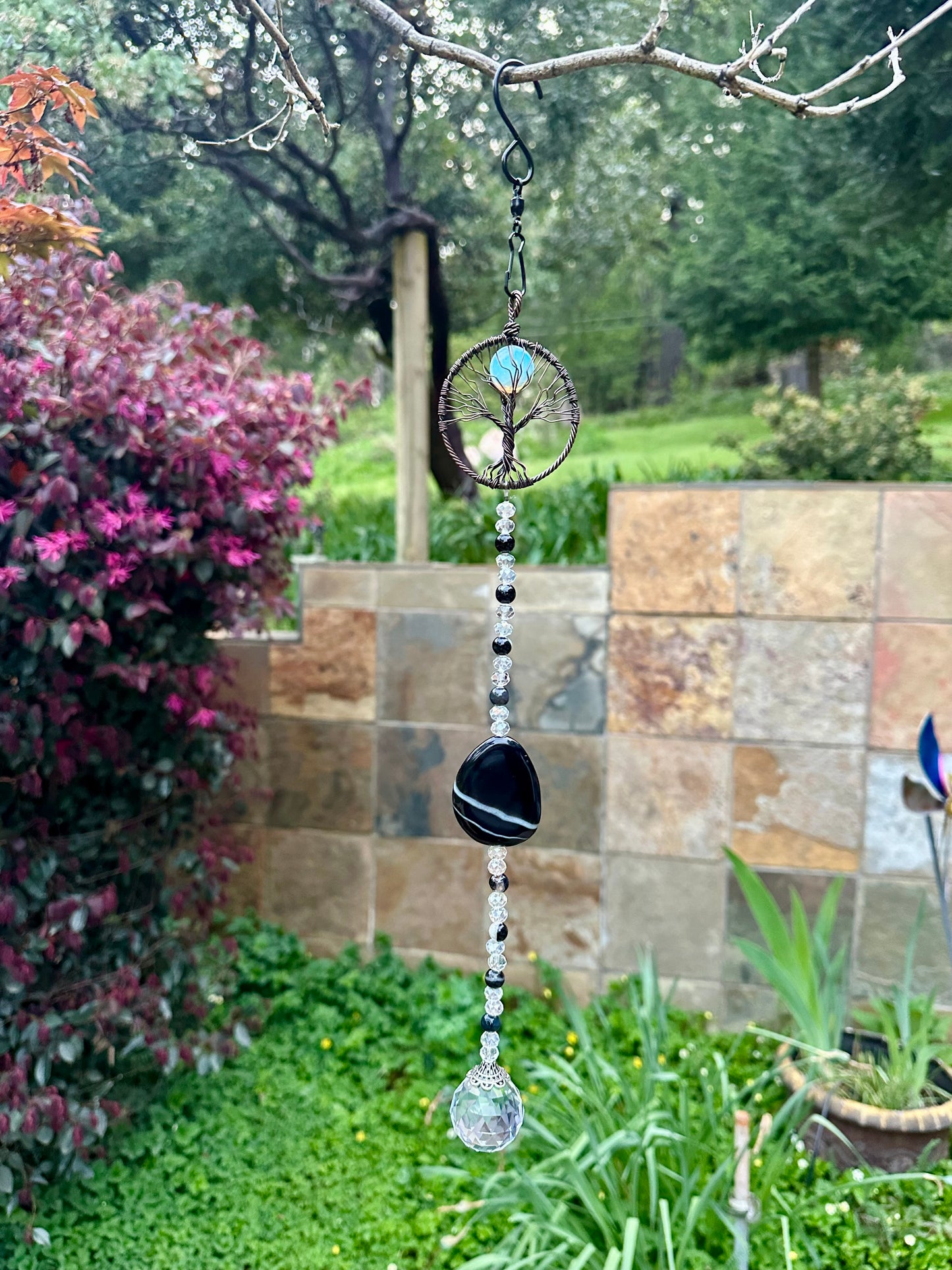 Wire Tree & Glass Moon Suncatcher with Black Agate