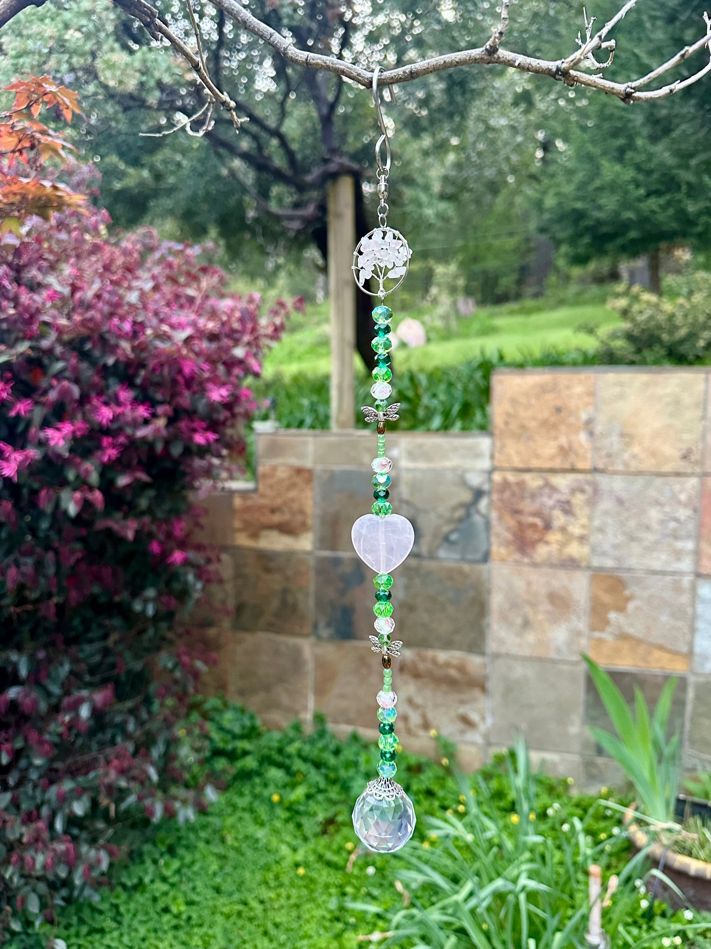 Rose Quartz and Green Aventurine Dragonfly Suncatcher