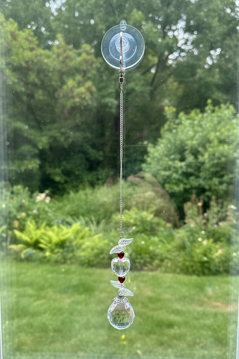 Clear Crystal Heart and Red Glass Suncatcher on Silver Chain❤️✨