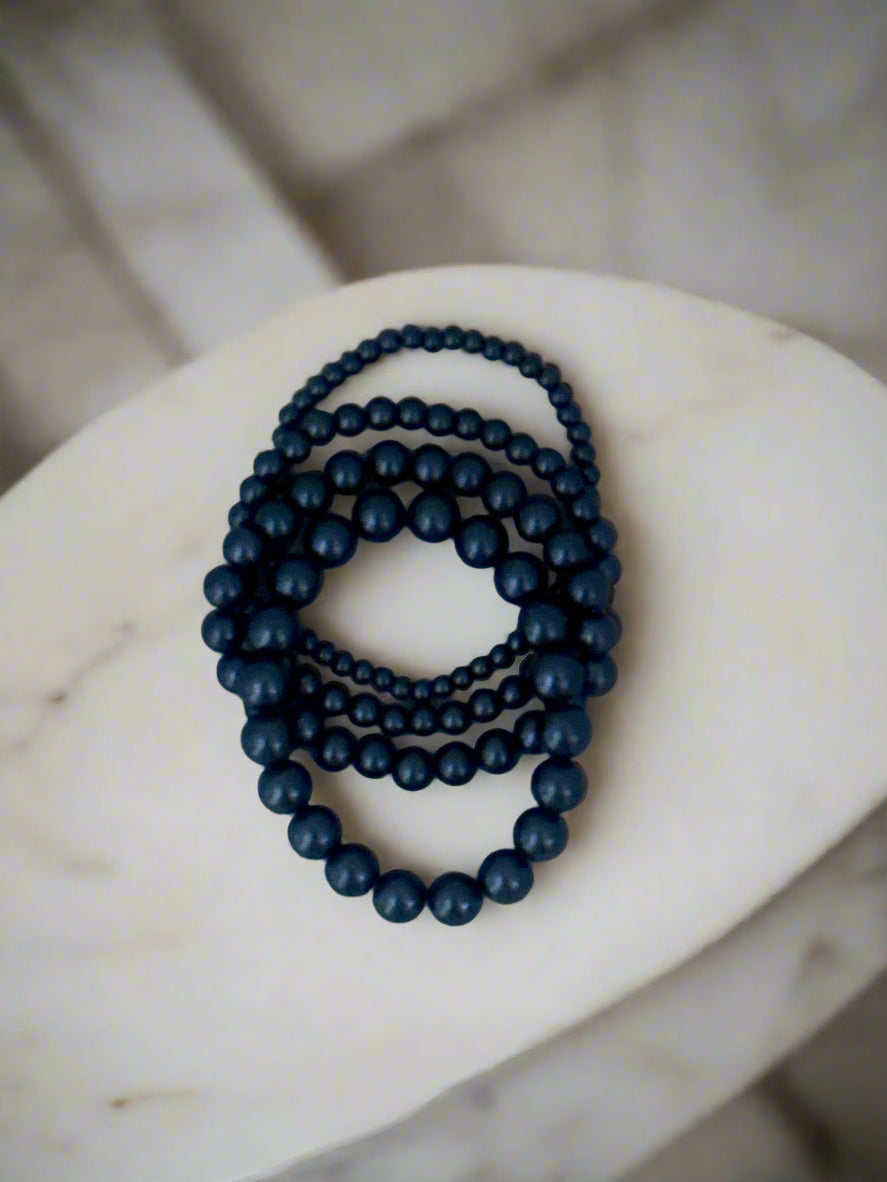 Set of Four Stackable Dark Blue Glass Pearl Bracelets