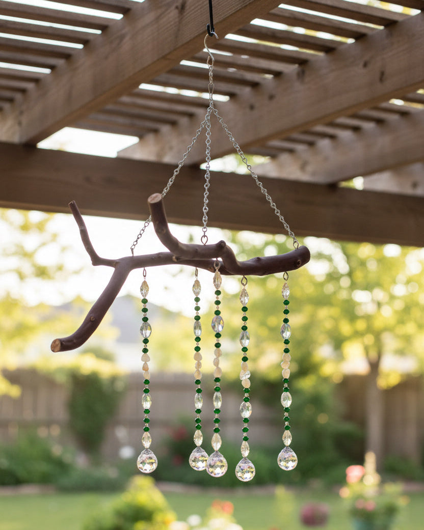 Five-String Citrine & Faceted Glass Suncatcher Mobile on Manzanita