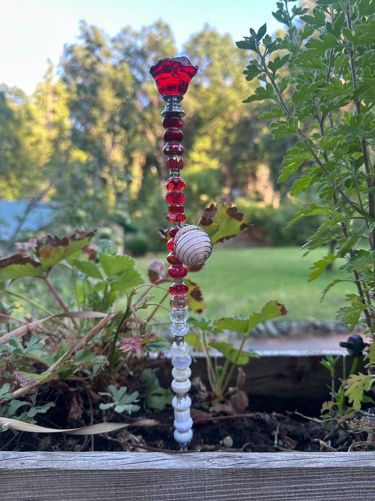 Red and White Fairy Stick with Glass Rose Top & Rose Quartz Charm