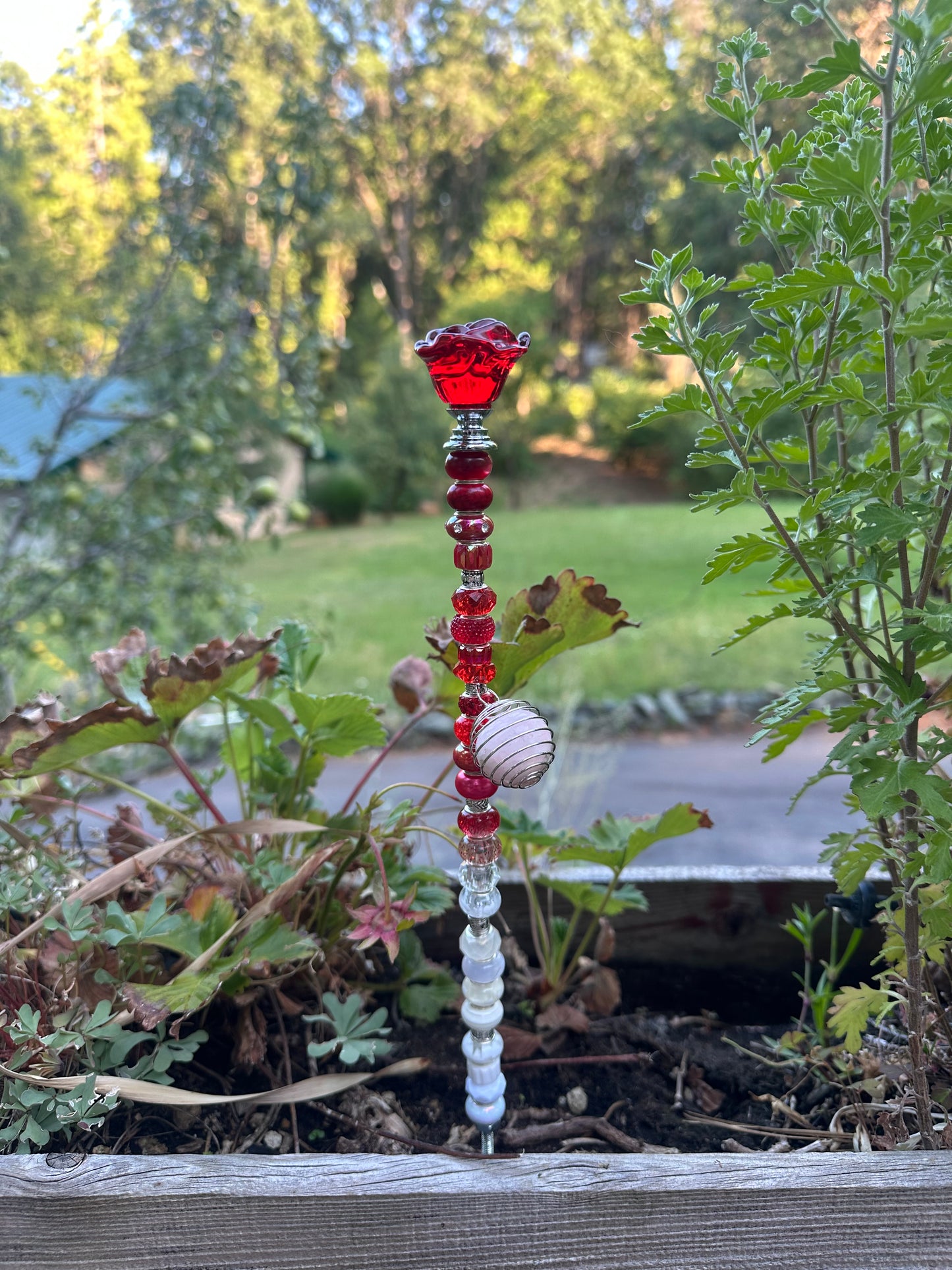 Red and White Fairy Stick with Glass Rose Top & Rose Quartz Charm