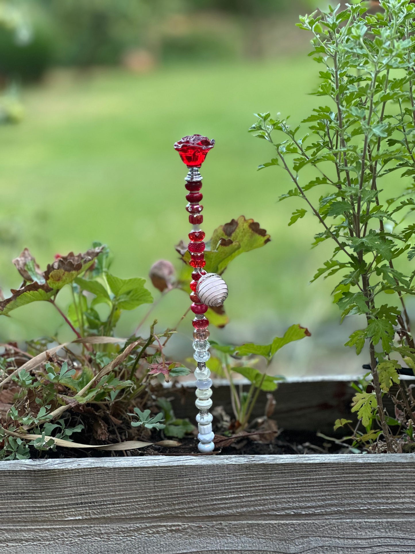 Red and White Fairy Stick with Glass Rose Top & Rose Quartz Charm