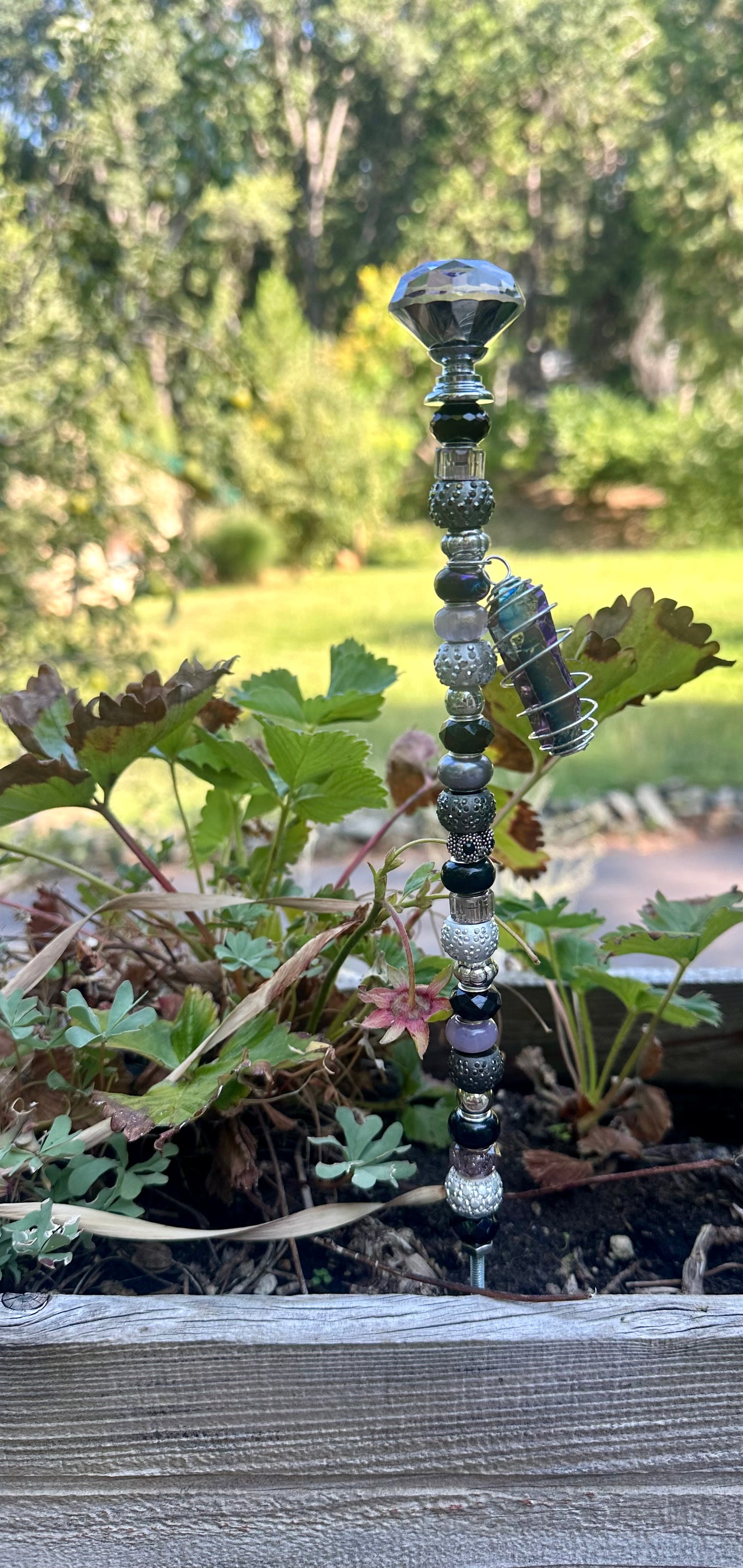 Black, Gray and Purple Fairy Stick/Garden Stake with Aura Quartz
