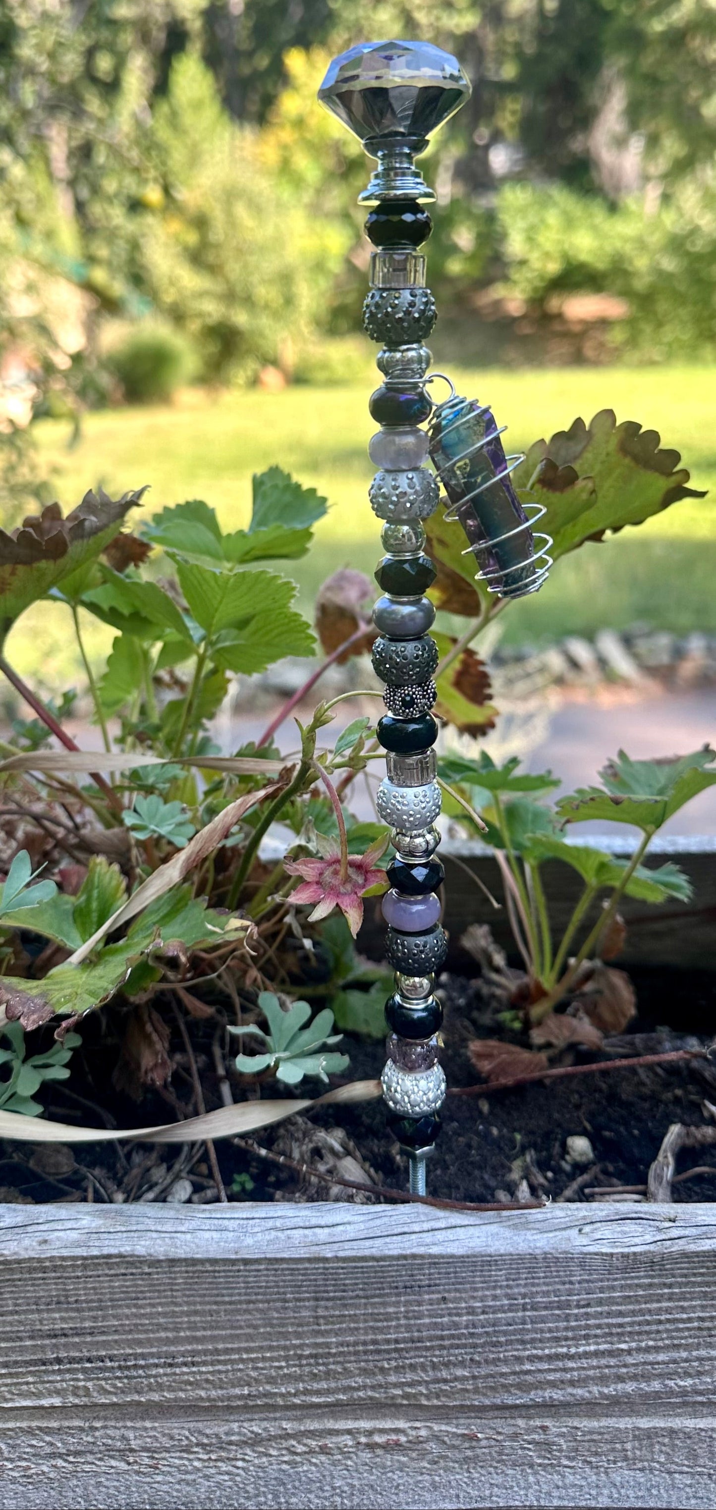 Fairy Wand Garden Stake in Black, Gray and Purple With Aura Quartz Stone
