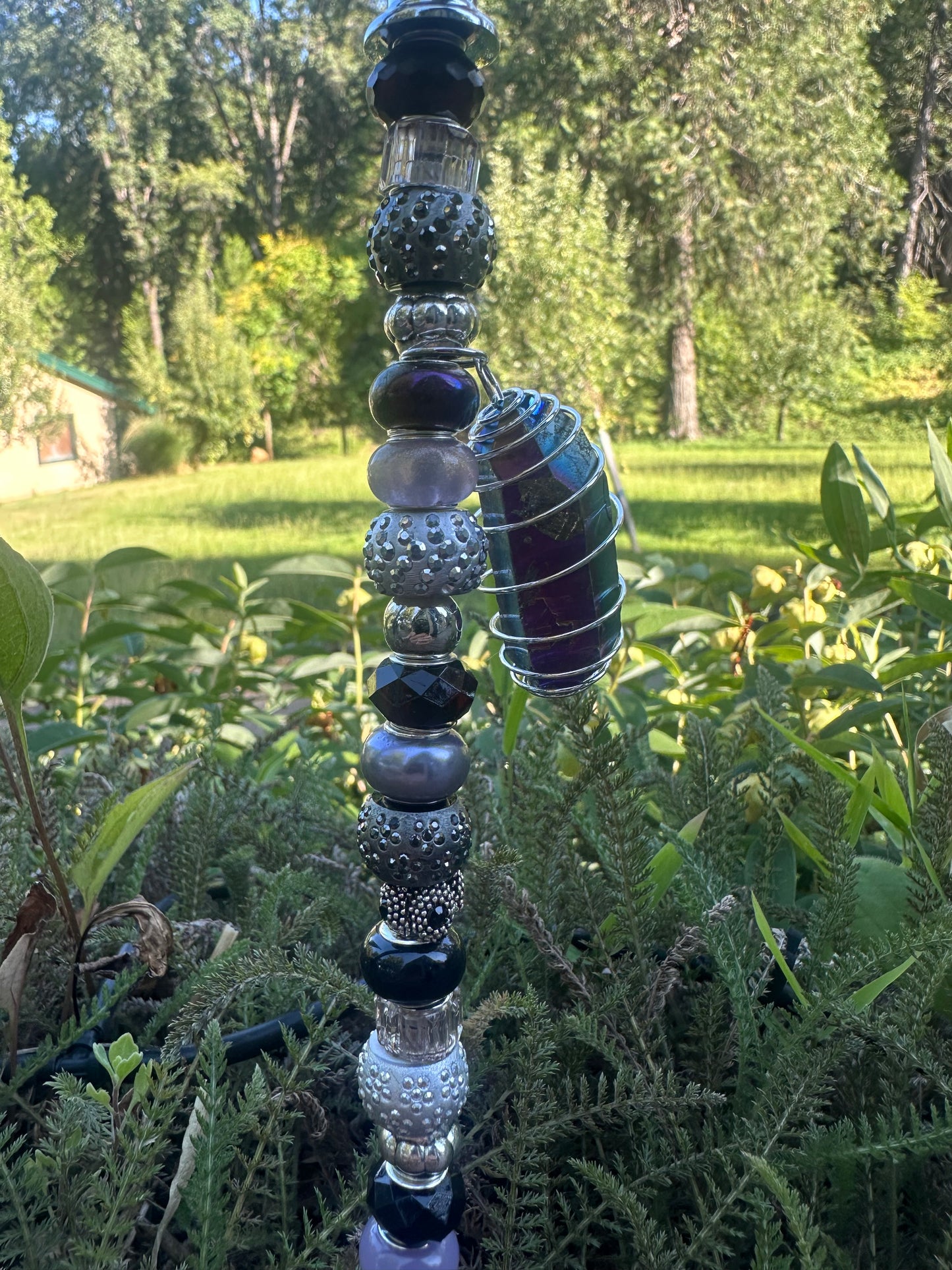 Black, Gray and Purple Fairy Stick/Garden Stake with Aura Quartz