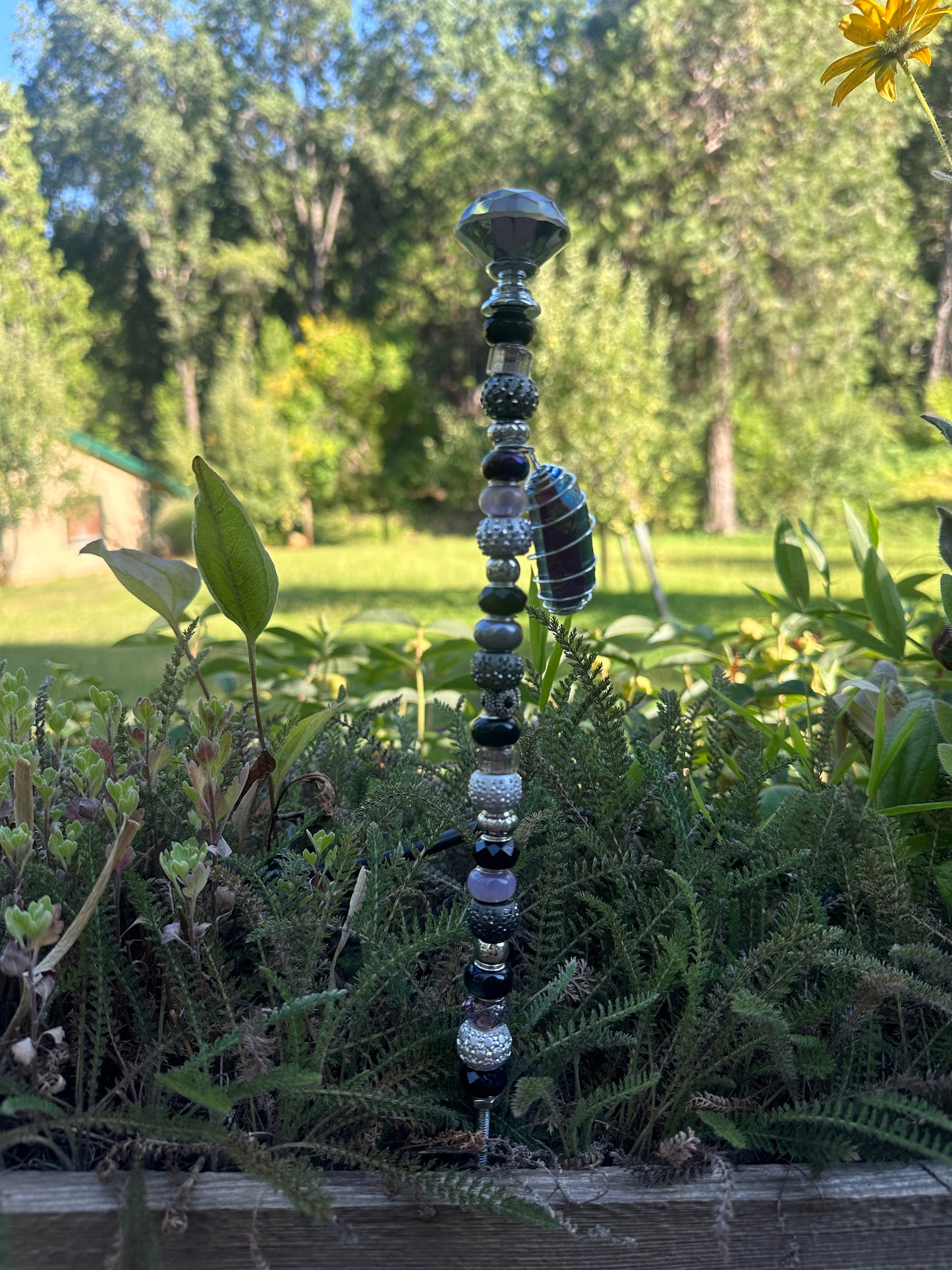 Black, Gray and Purple Fairy Stick/Garden Stake with Aura Quartz