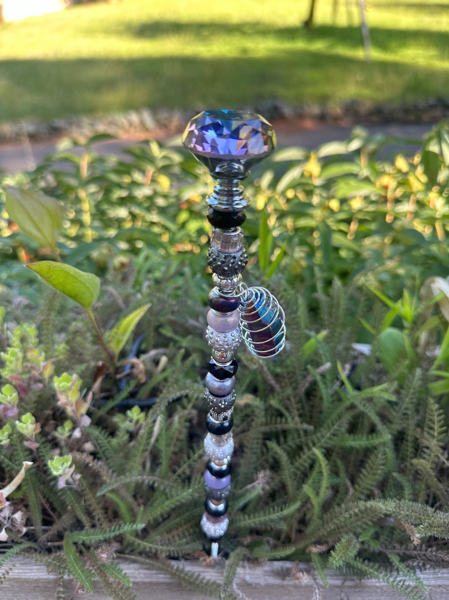 Black, Gray and Purple Fairy Stick/Garden Stake with Aura Quartz