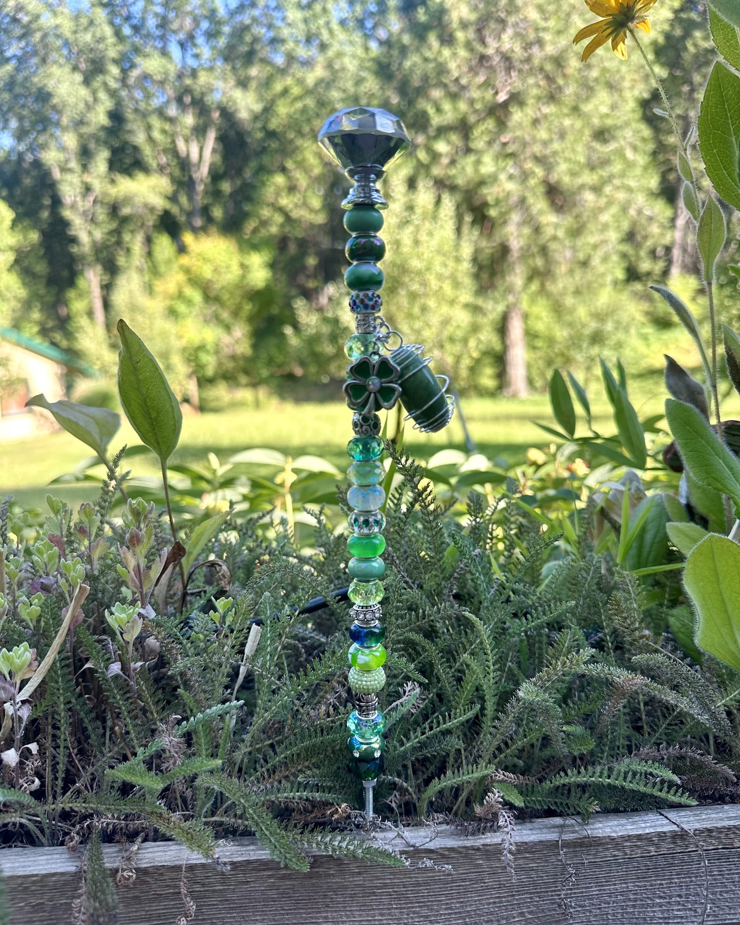 Green Fairy Stick with Irridescent Prism, Howlite & Four-Leaf Clover Charms