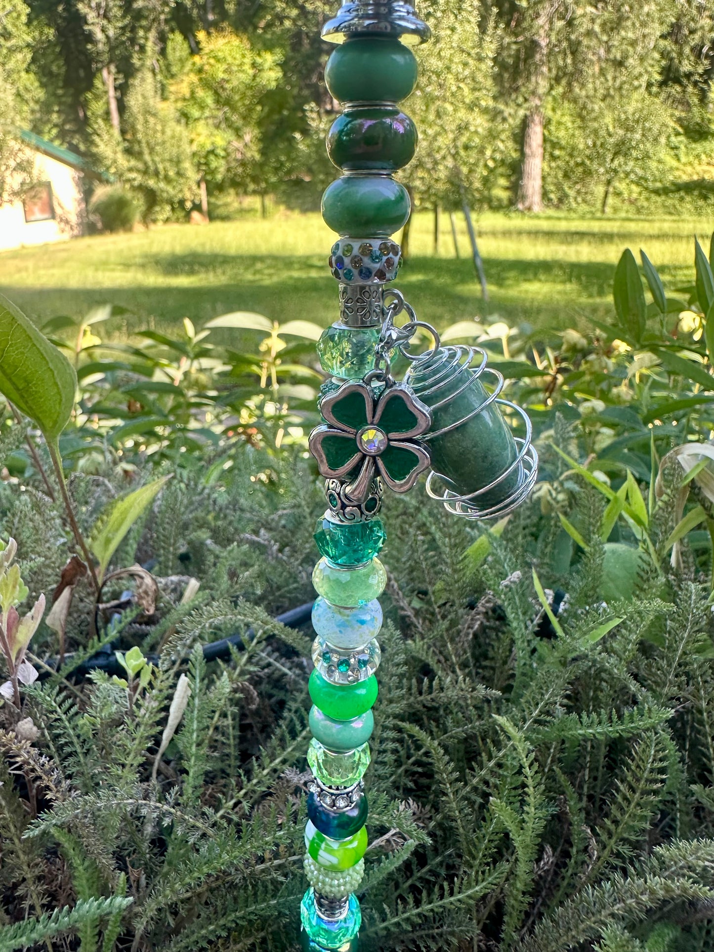 Green Fairy Stick with Irridescent Prism, Howlite & Four-Leaf Clover Charms