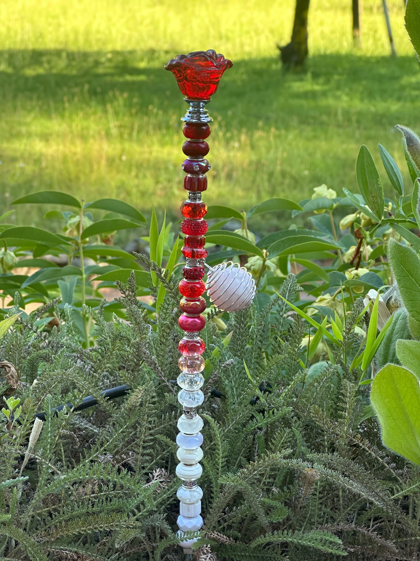 Red and White Fairy Stick with Glass Rose Top & Rose Quartz Charm
