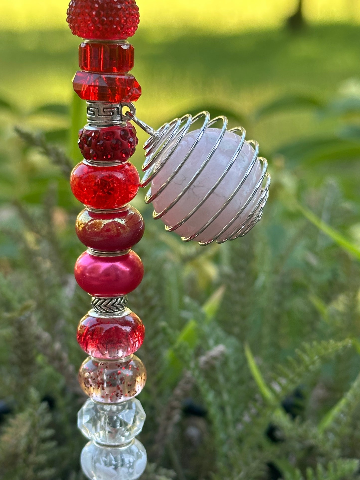 Red and White Fairy Stick with Glass Rose Top & Rose Quartz Charm