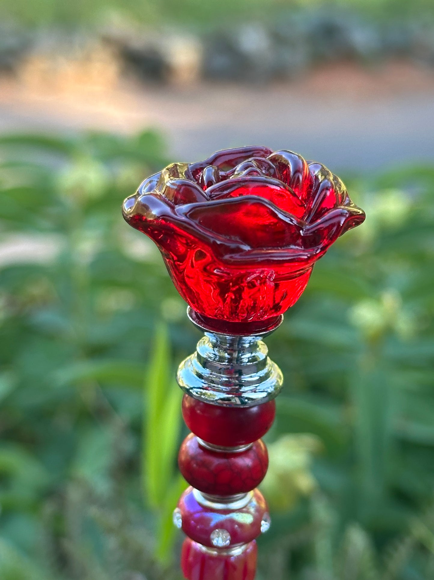 Red and White Fairy Stick with Glass Rose Top & Rose Quartz Charm