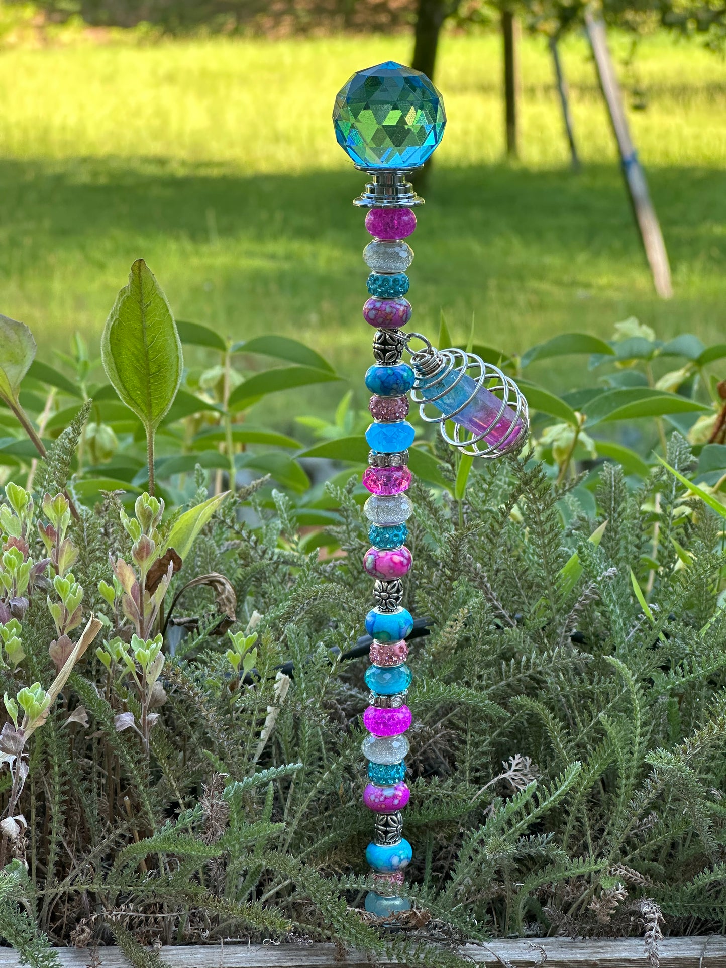 Blue, Pink & White Fairy Stick with Light Blue Diamond-Patterned Crystal and Aura Quartz Charm