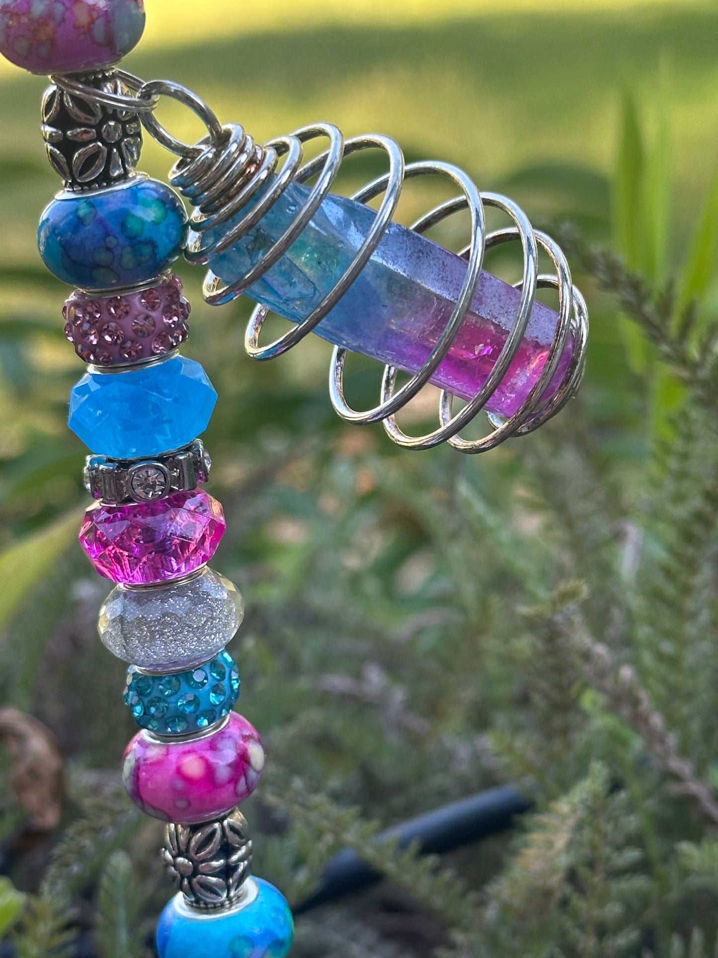Blue, Pink & White Fairy Stick with Light Blue Diamond-Patterned Crystal and Aura Quartz Charm