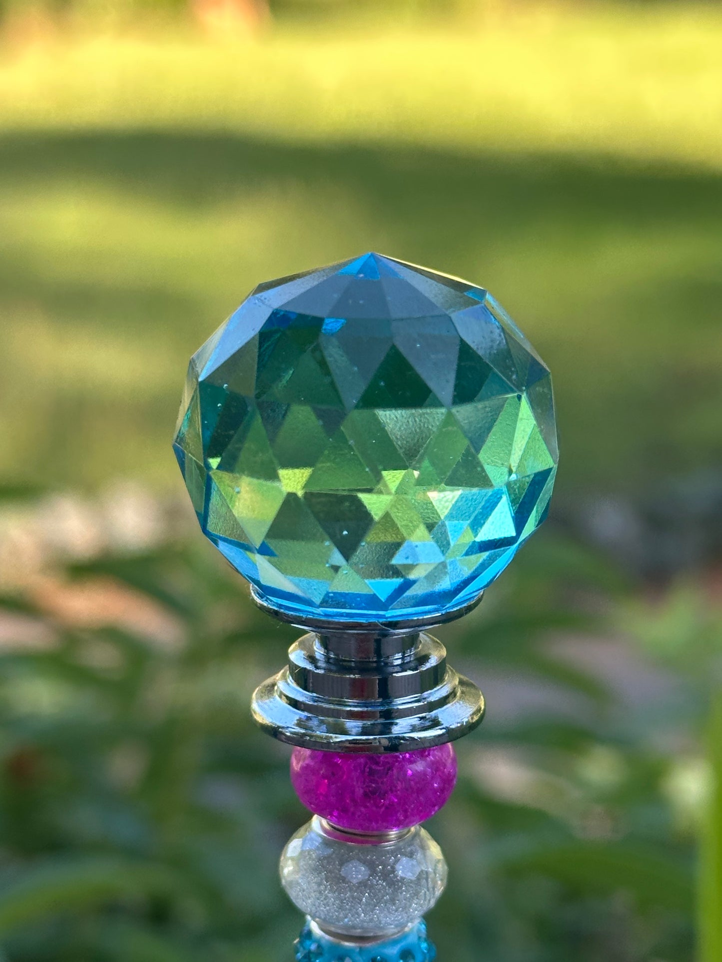 Blue, Pink & White Fairy Stick with Light Blue Diamond-Patterned Crystal and Aura Quartz Charm