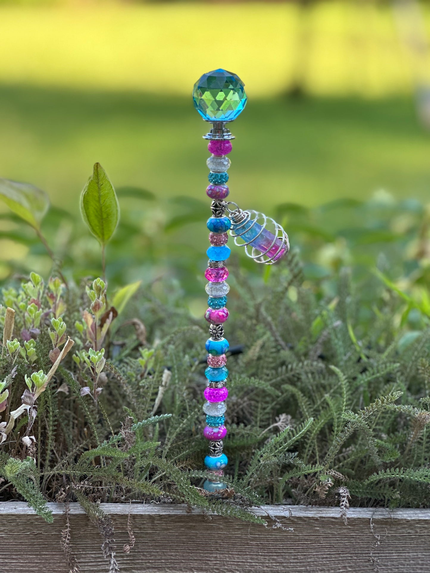 Blue, Pink & White Fairy Stick with Light Blue Diamond-Patterned Crystal and Aura Quartz Charm