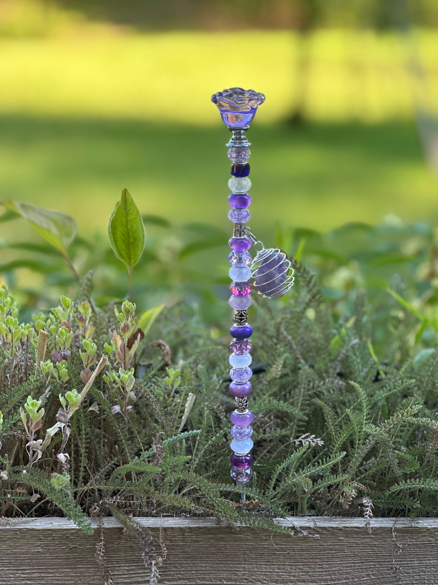 Purple & White Fairy Stick with Amethyst Charm and Purple Glass Rose Top