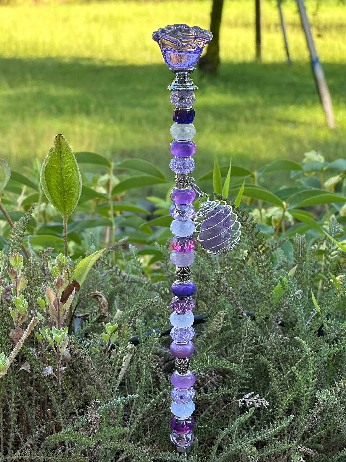 Purple & White Fairy Stick with Amethyst Charm and Purple Glass Rose Top