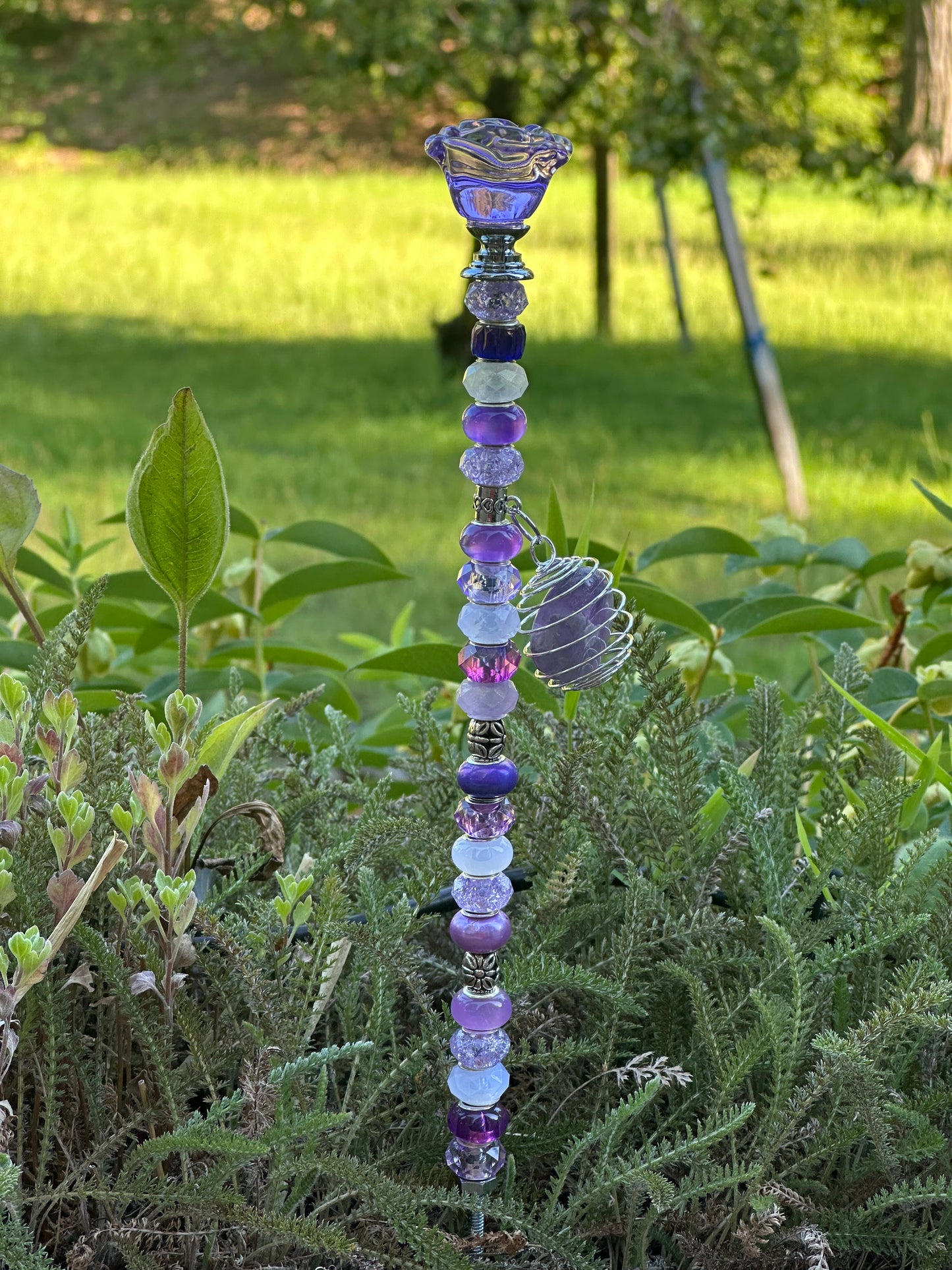 Purple & White Fairy Stick with Amethyst Charm and Purple Glass Rose Top