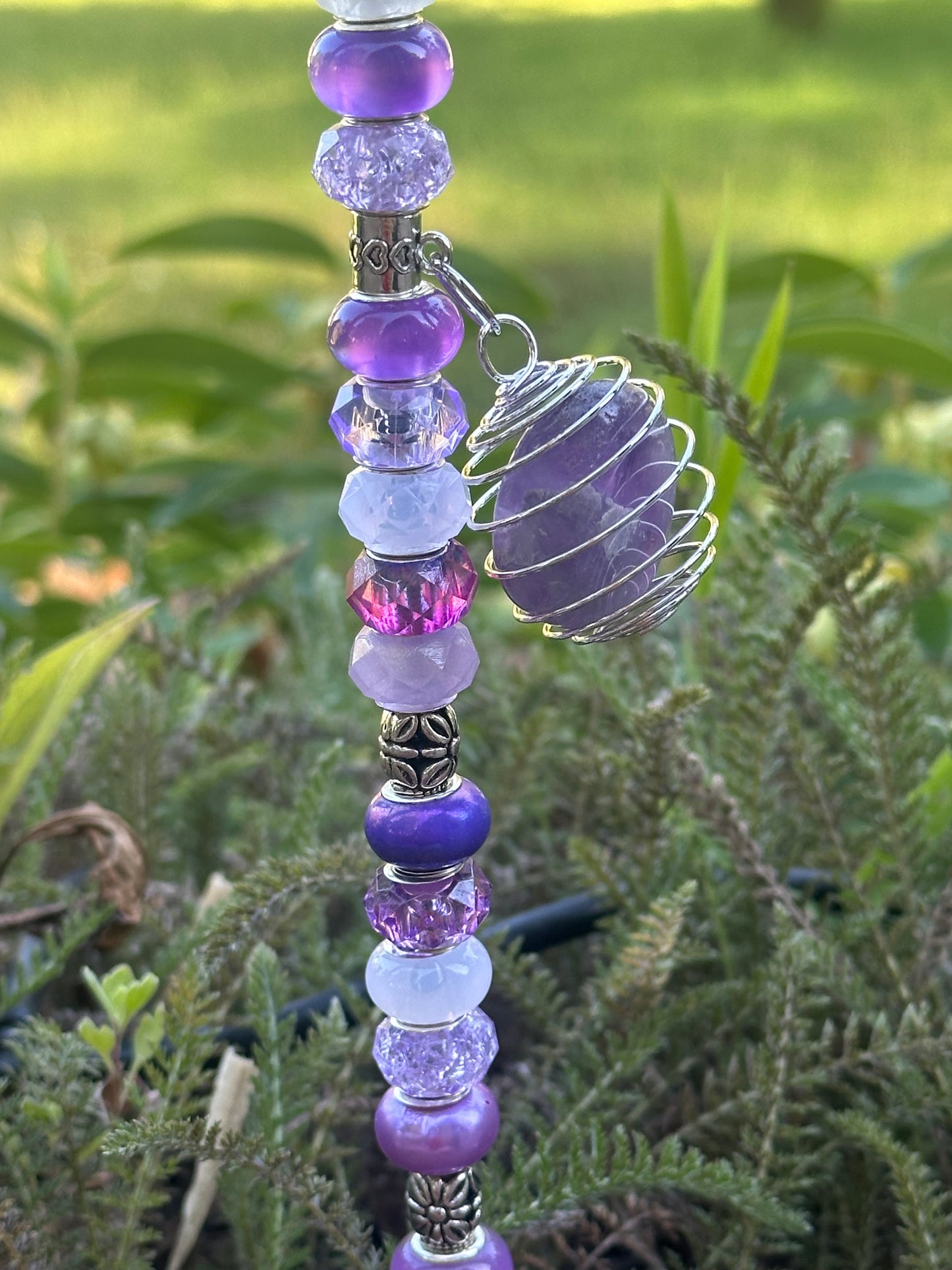 Purple & White Fairy Stick with Amethyst Charm and Purple Glass Rose Top