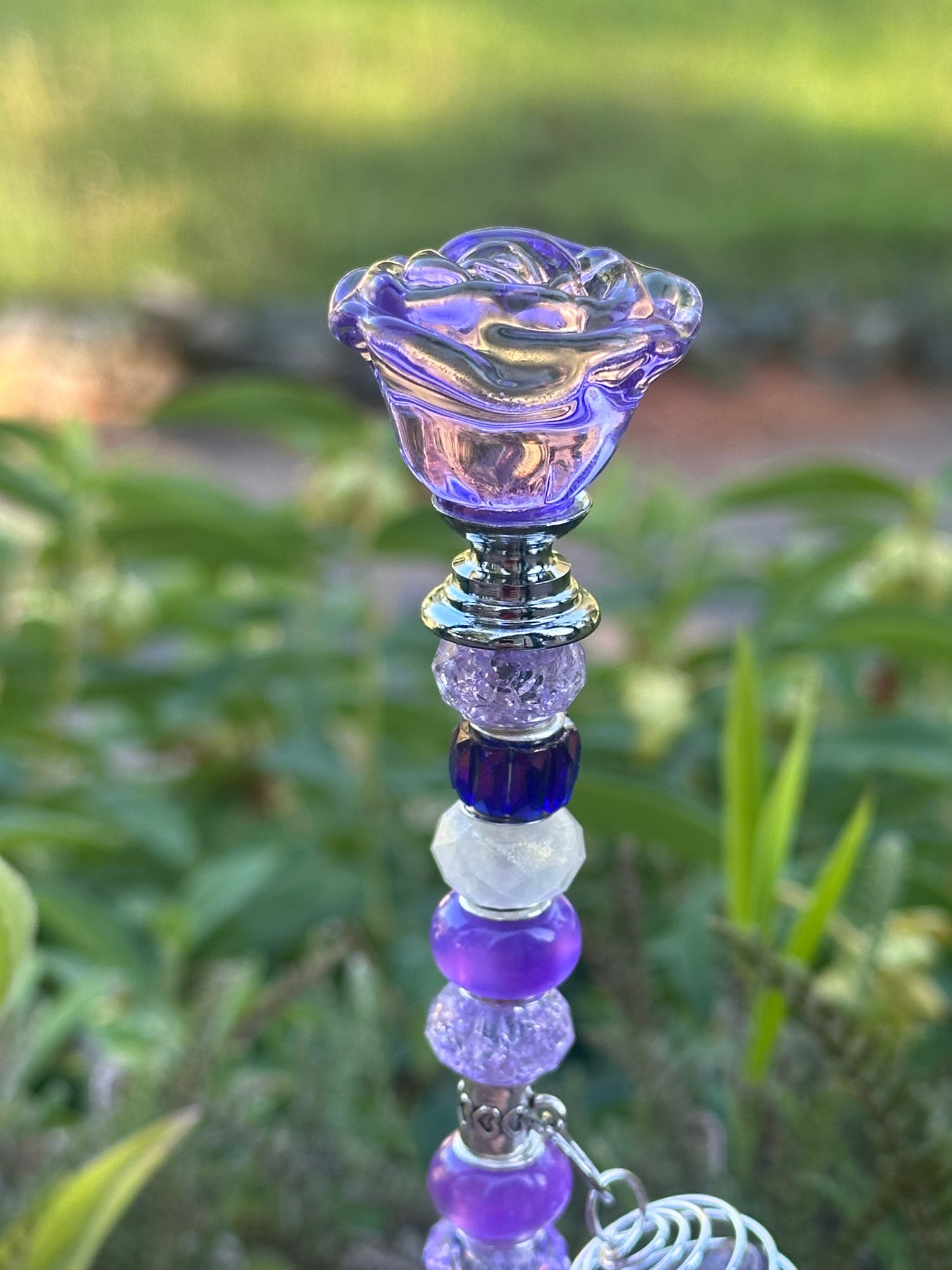 Purple & White Fairy Stick with Amethyst Charm and Purple Glass Rose Top