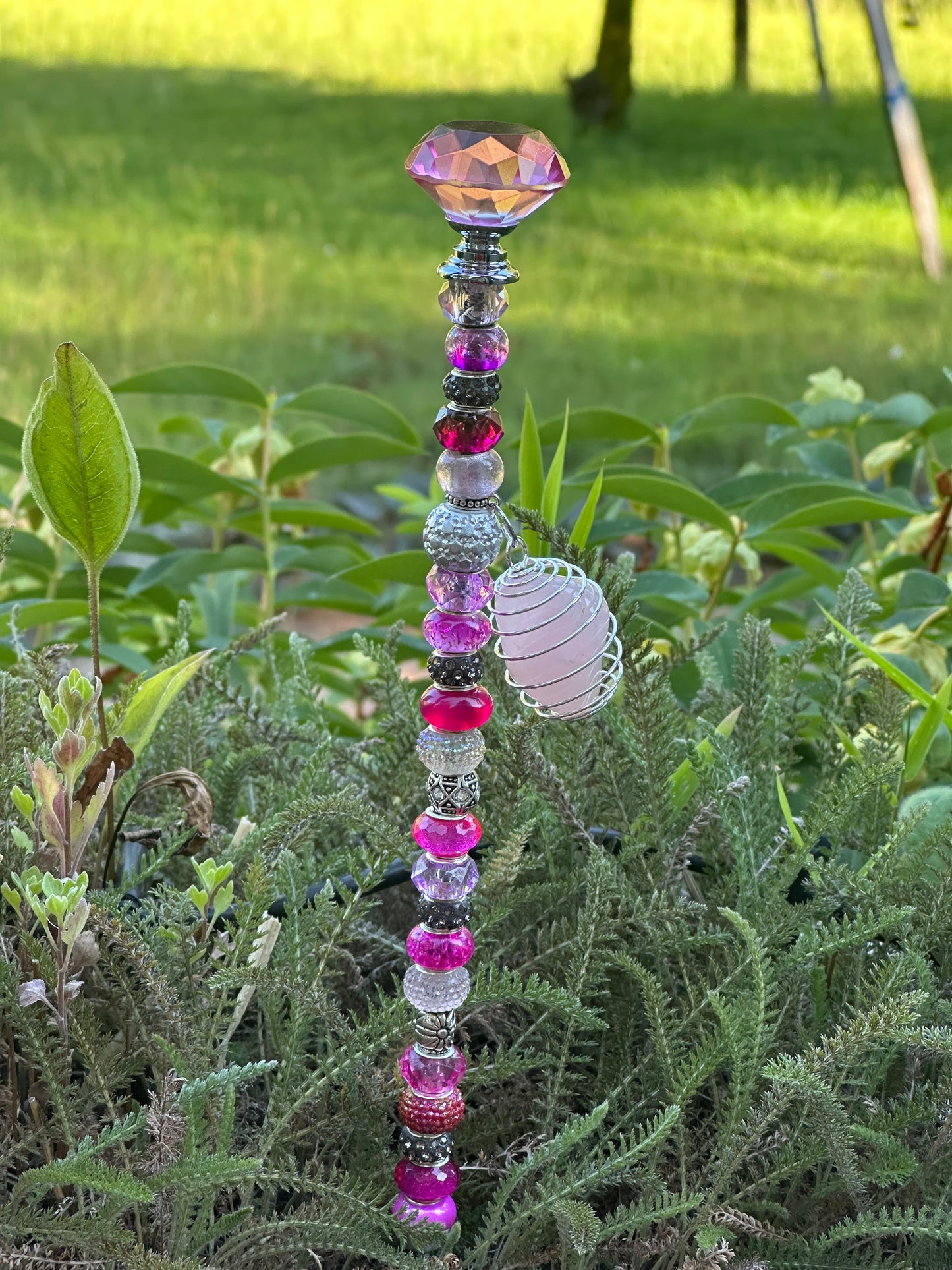 Pink Fairy Stick with Diamond-Patterned Crystal & Natural Rose Quartz