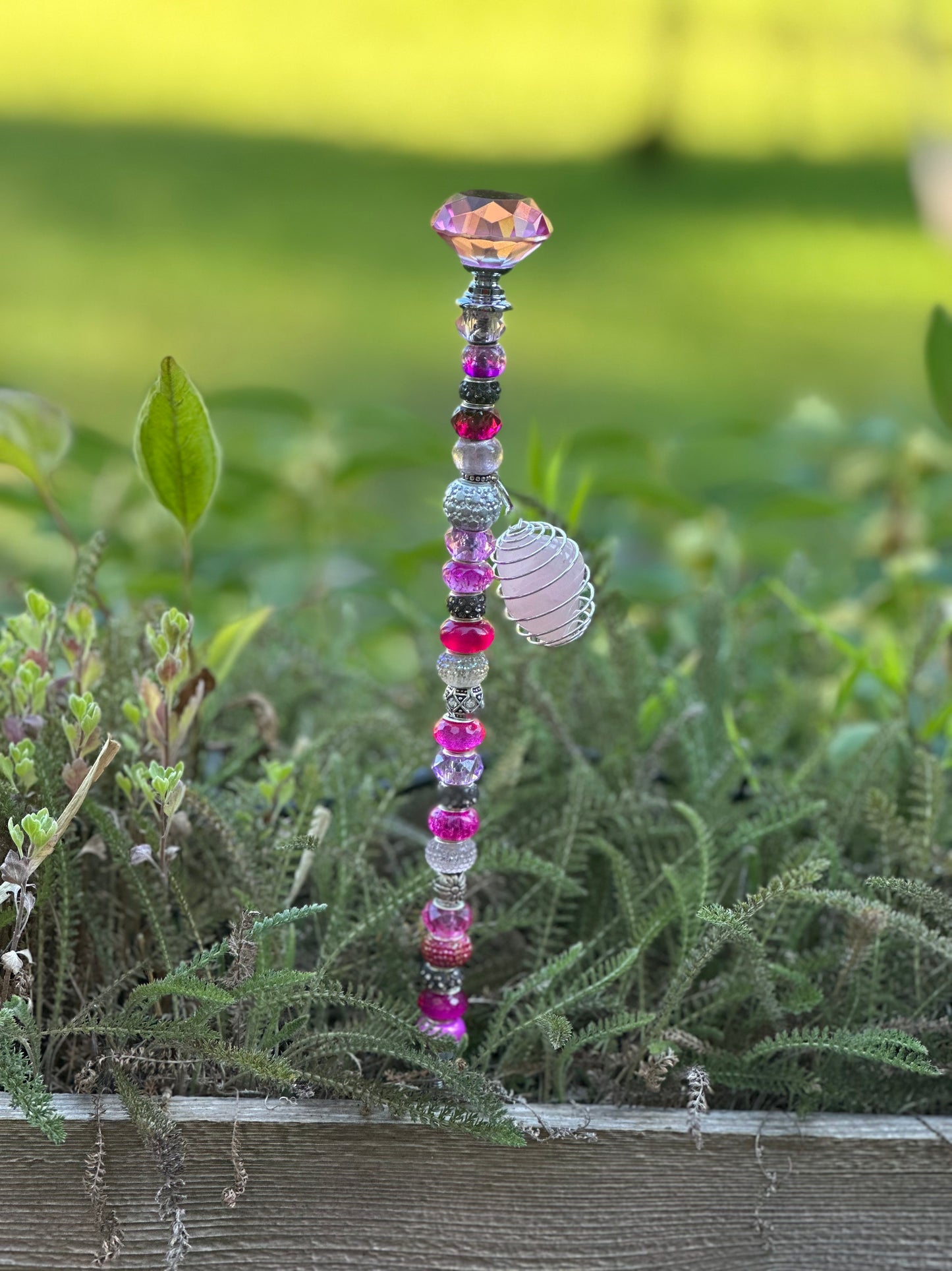Pink Fairy Stick with Diamond-Patterned Crystal & Natural Rose Quartz