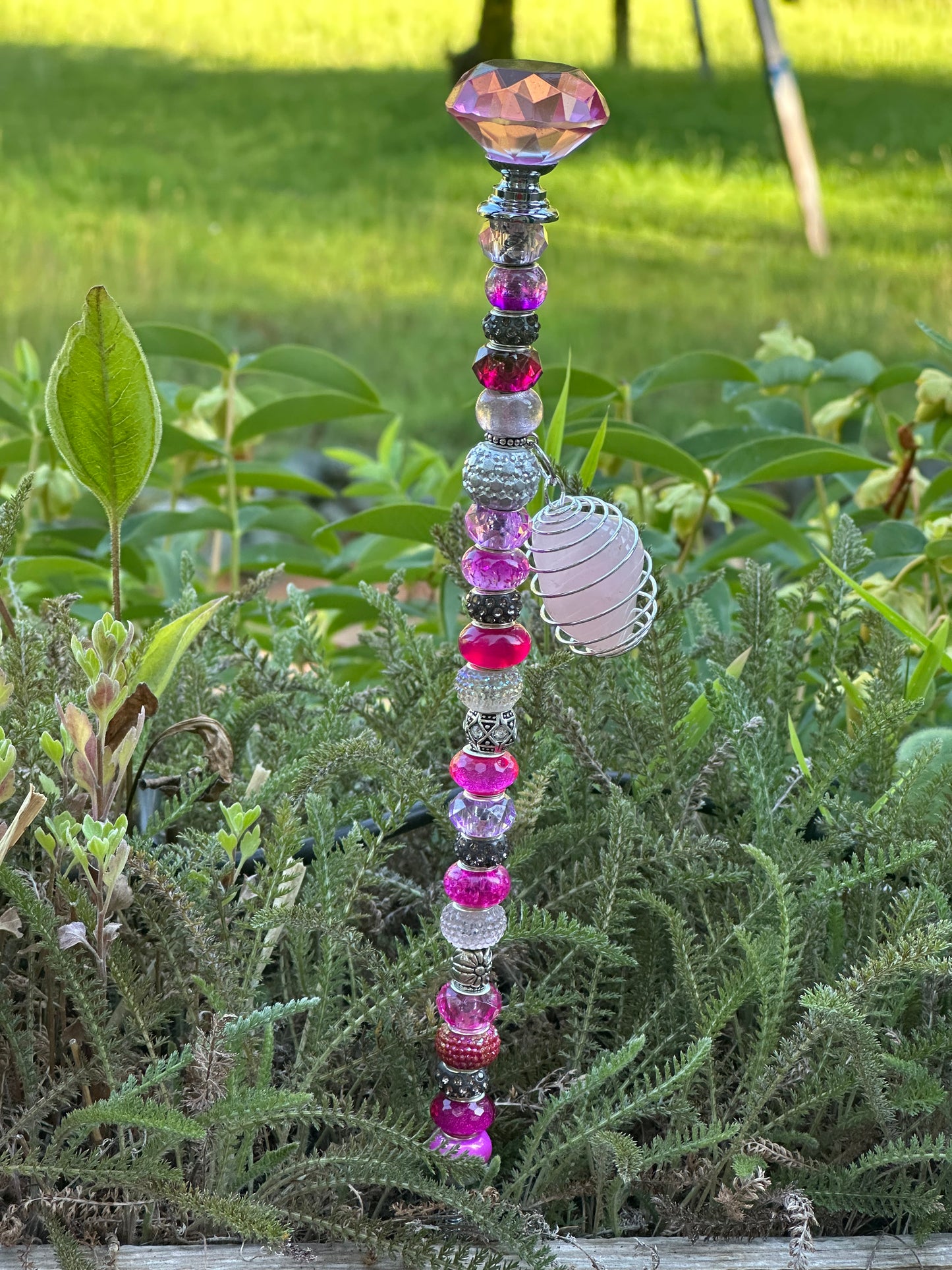 Pink Fairy Stick with Diamond-Patterned Crystal & Natural Rose Quartz