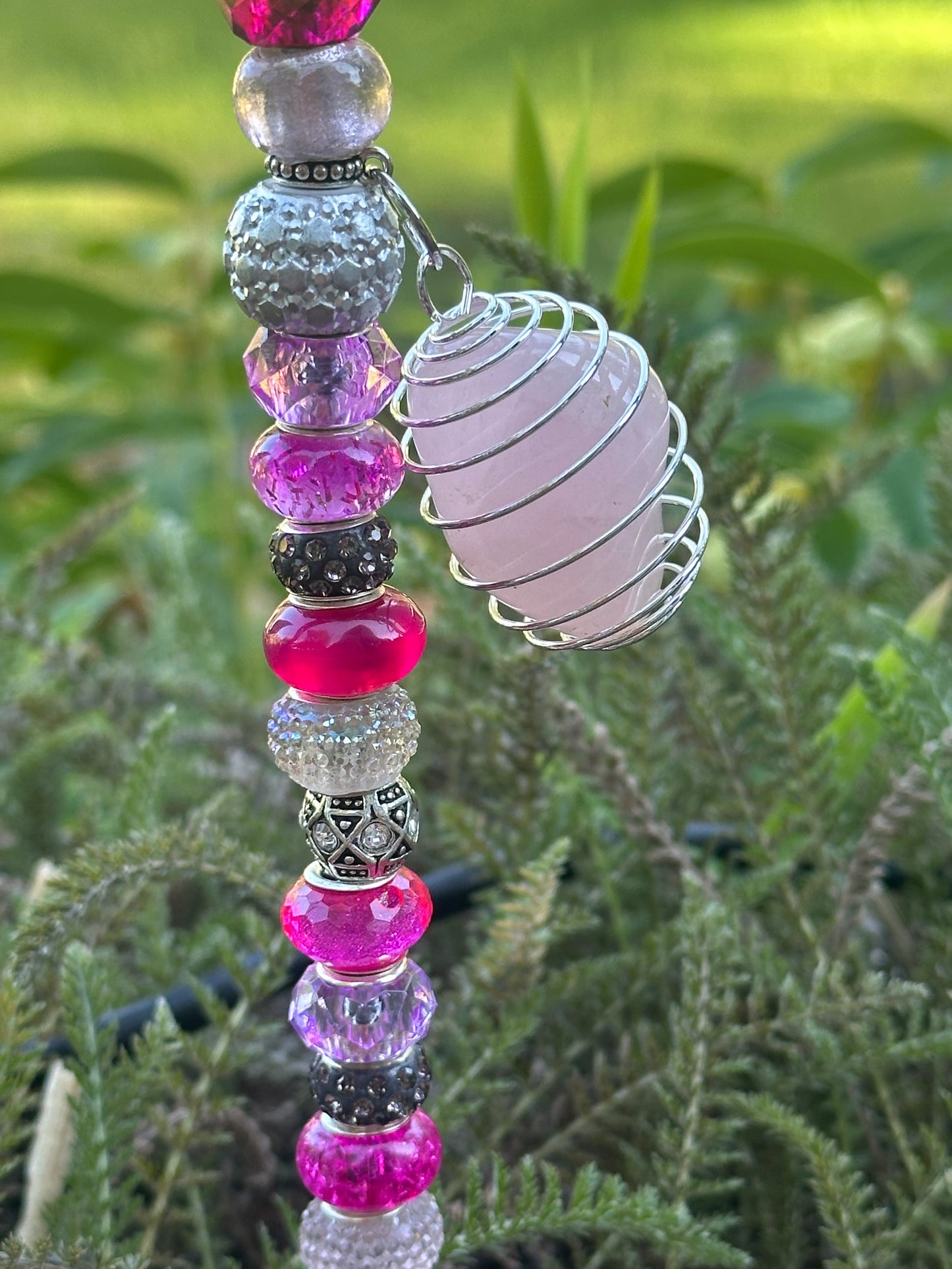 Pink Fairy Stick with Diamond-Patterned Crystal & Natural Rose Quartz