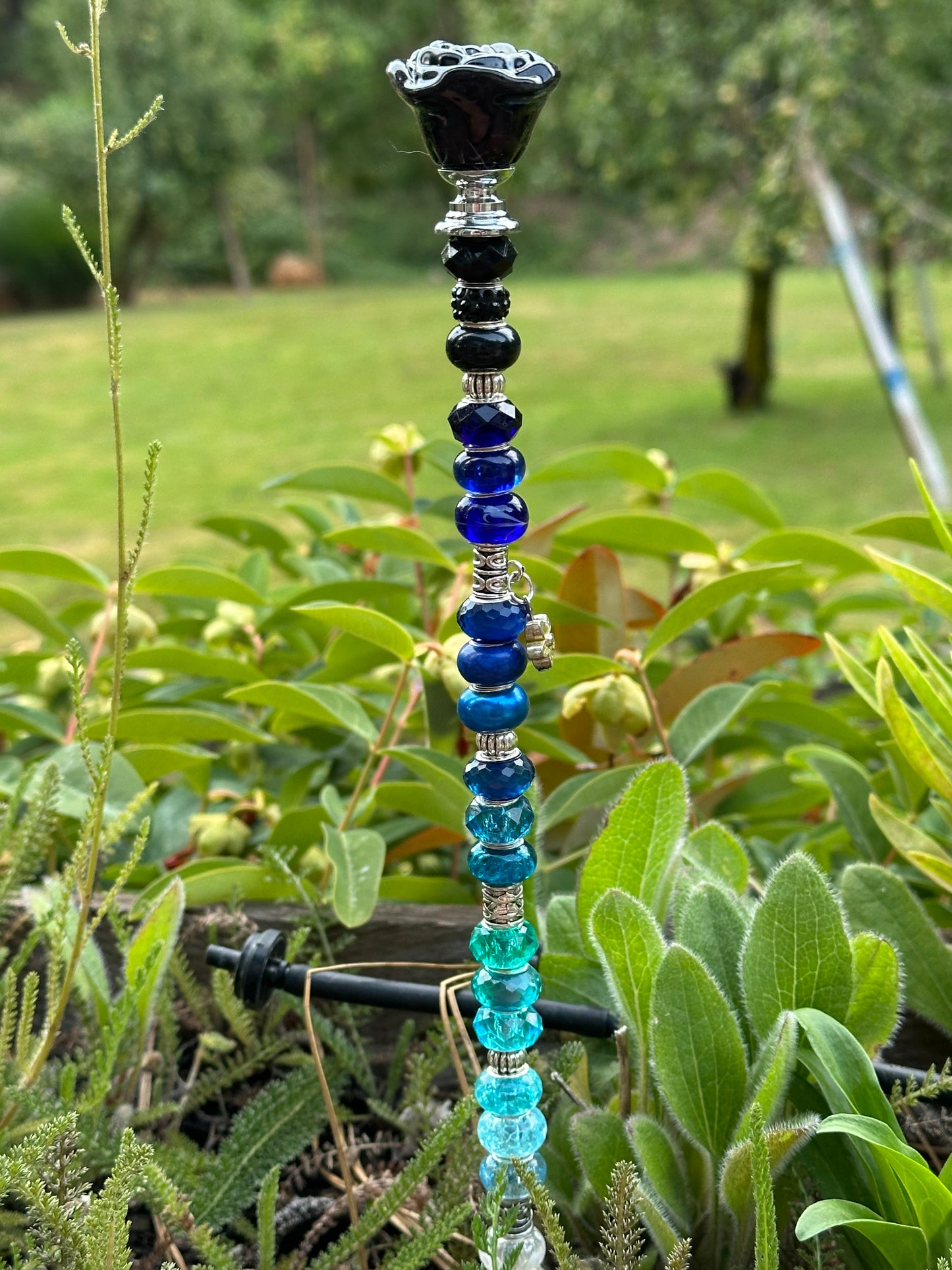 Black to Blue to Clear Ombré Fairy Stick with Black Glass Rose