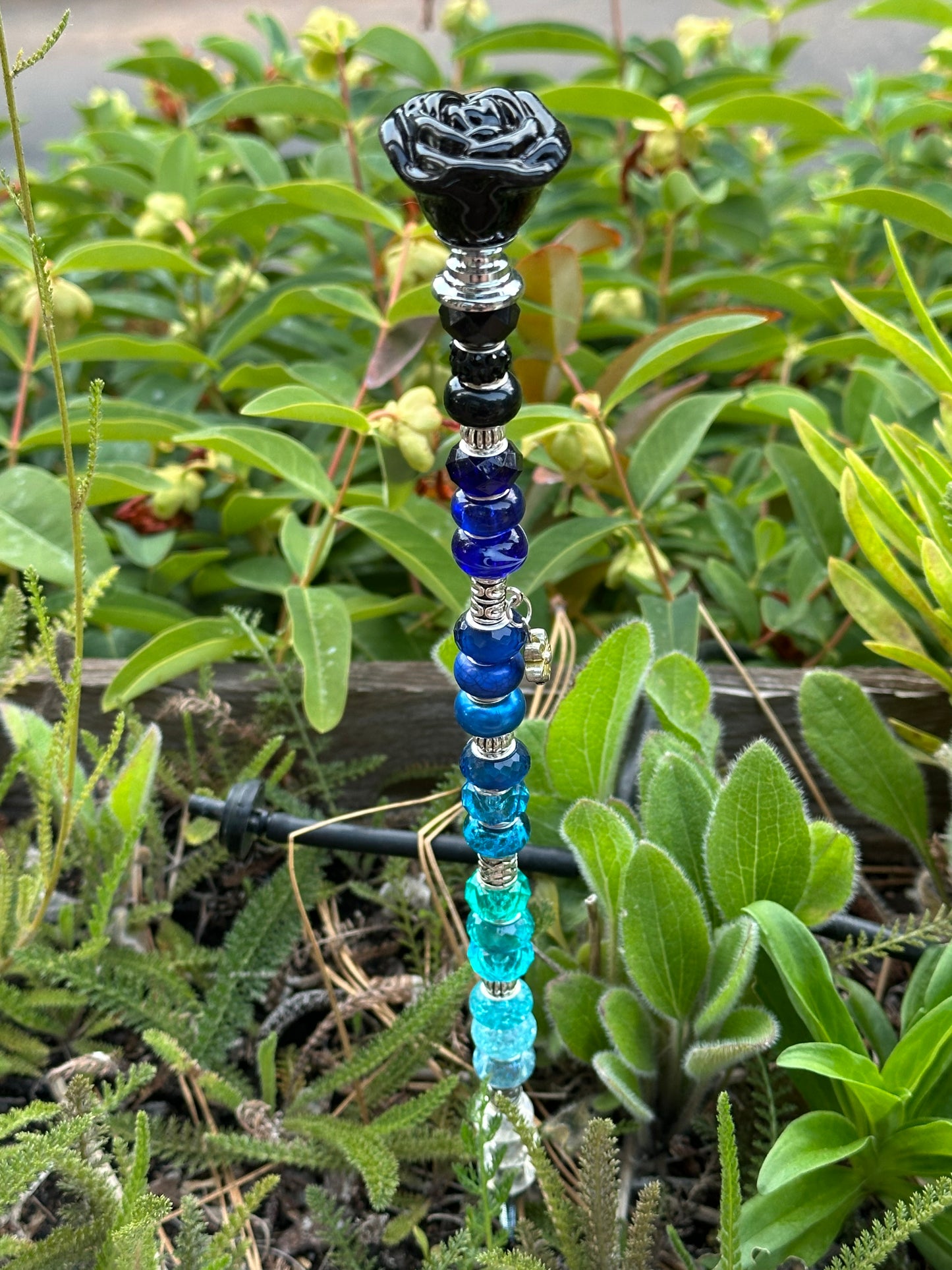Black to Blue to Clear Ombré Fairy Stick with Black Glass Rose