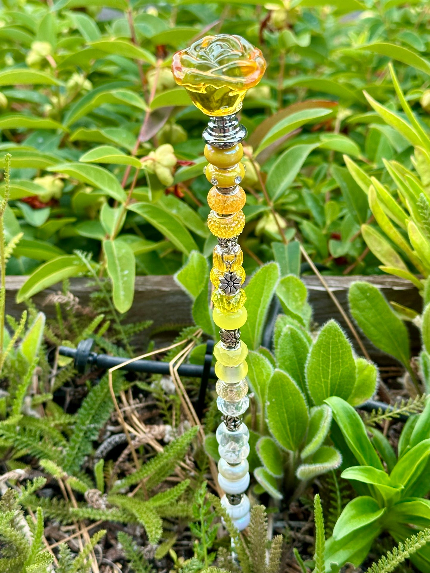 Yellow & White Fairy Stick with Glass Rose Top