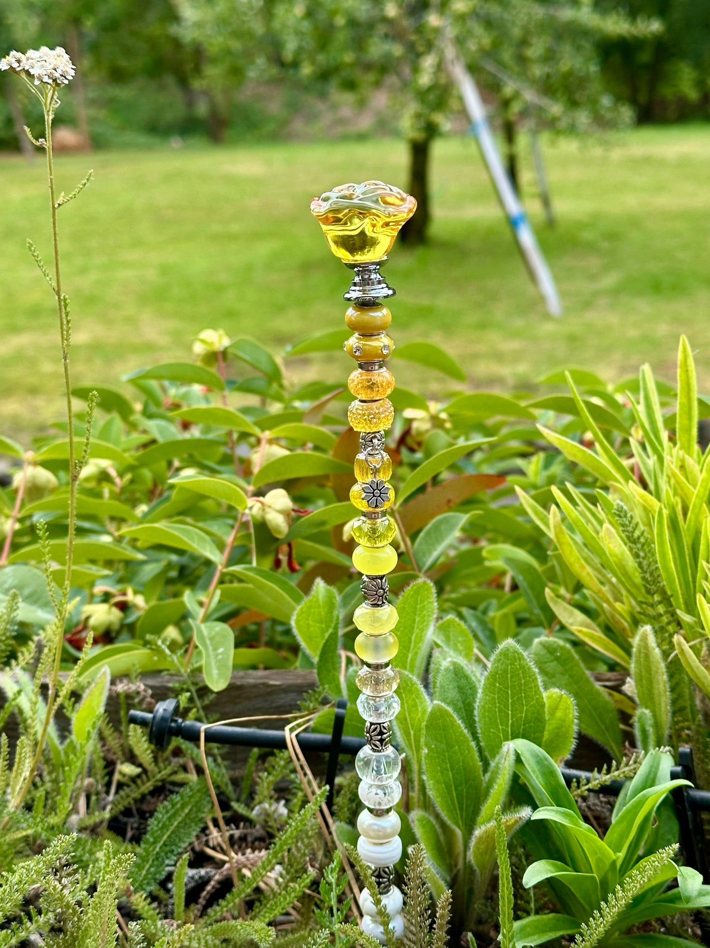 Yellow & White Fairy Stick with Glass Rose Top