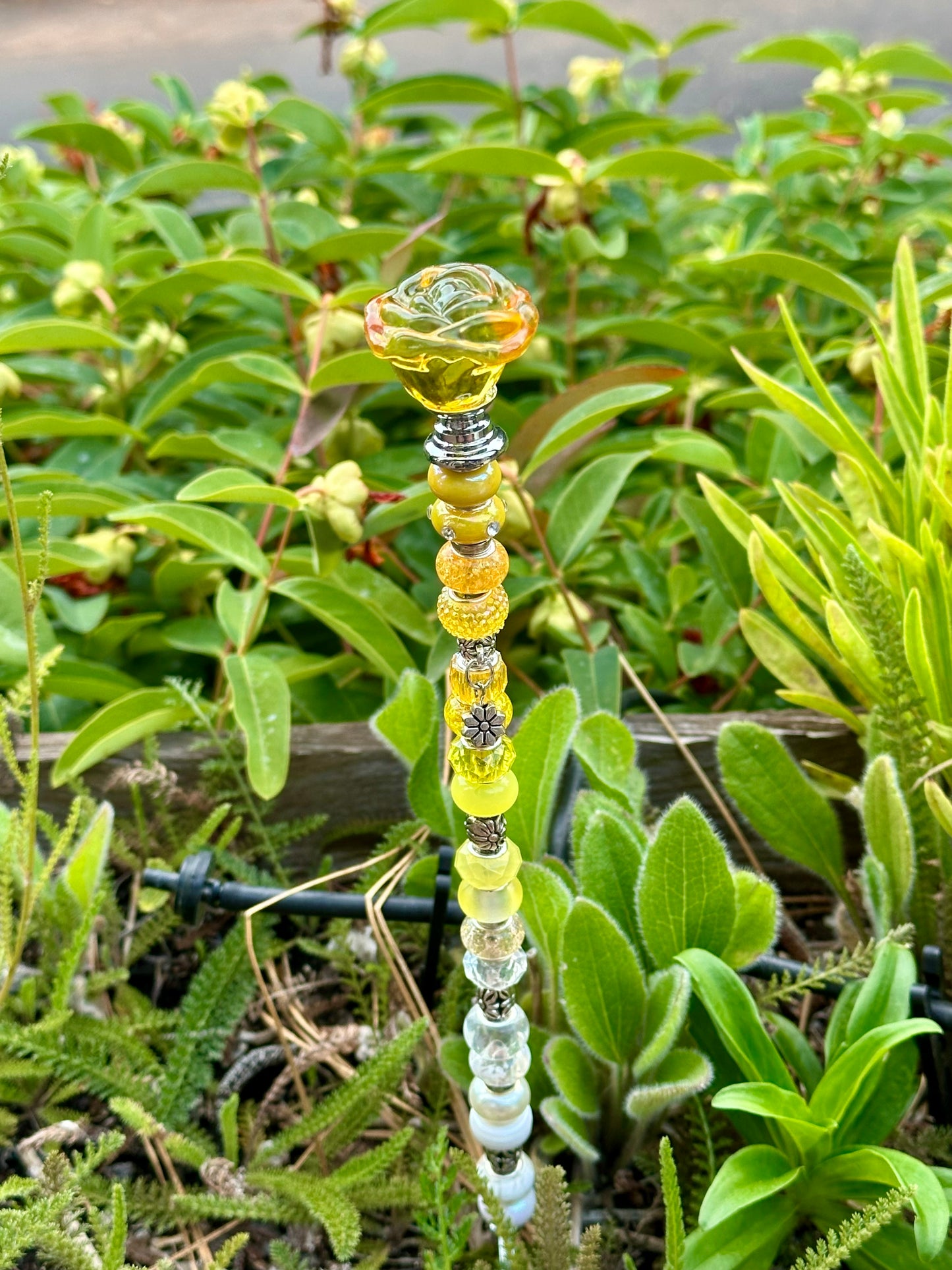Yellow & White Fairy Stick with Glass Rose Top