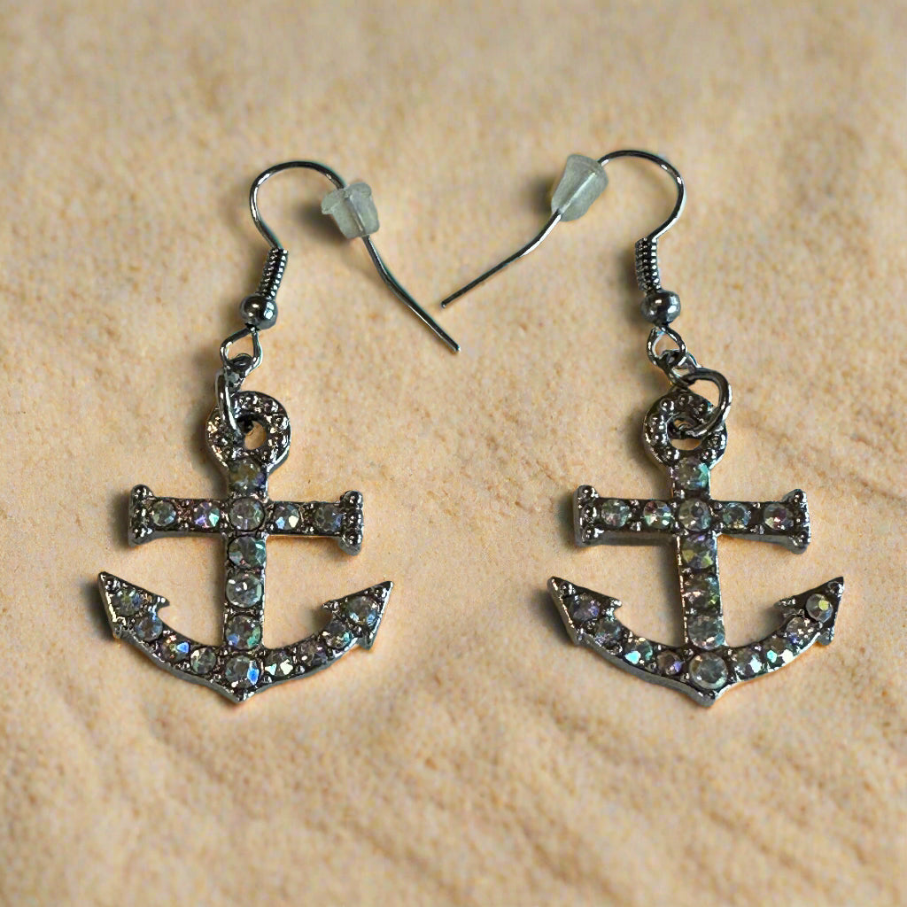 Silver and Rhinestone Anchor Earrings