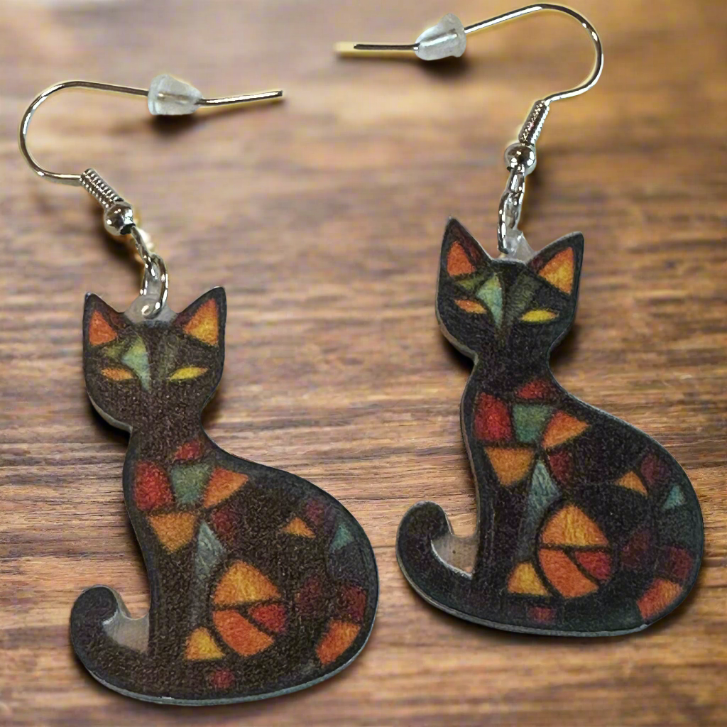 Stained Glass Inspired Resin Cat Earrings