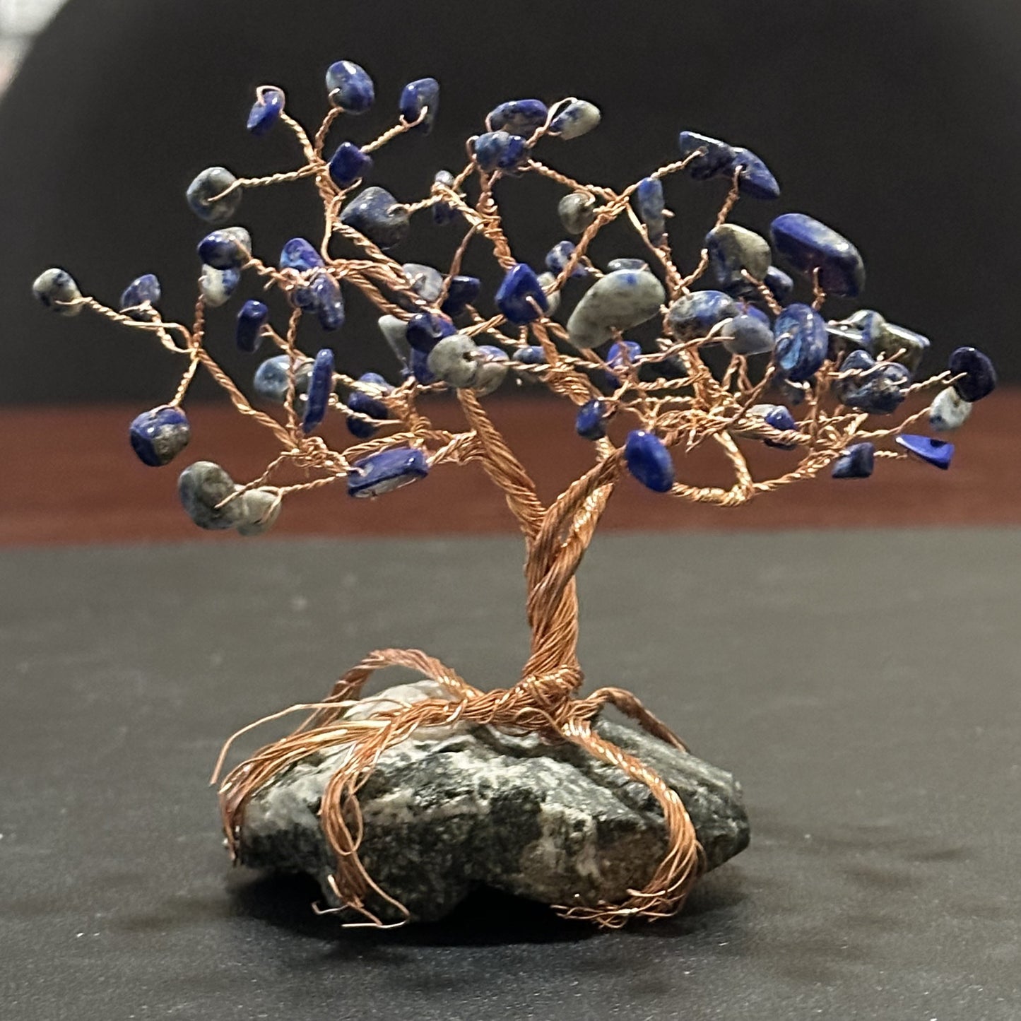 4-Inch Lapis Lazuli Wire Tree Sculpture on a Serpentine Stone